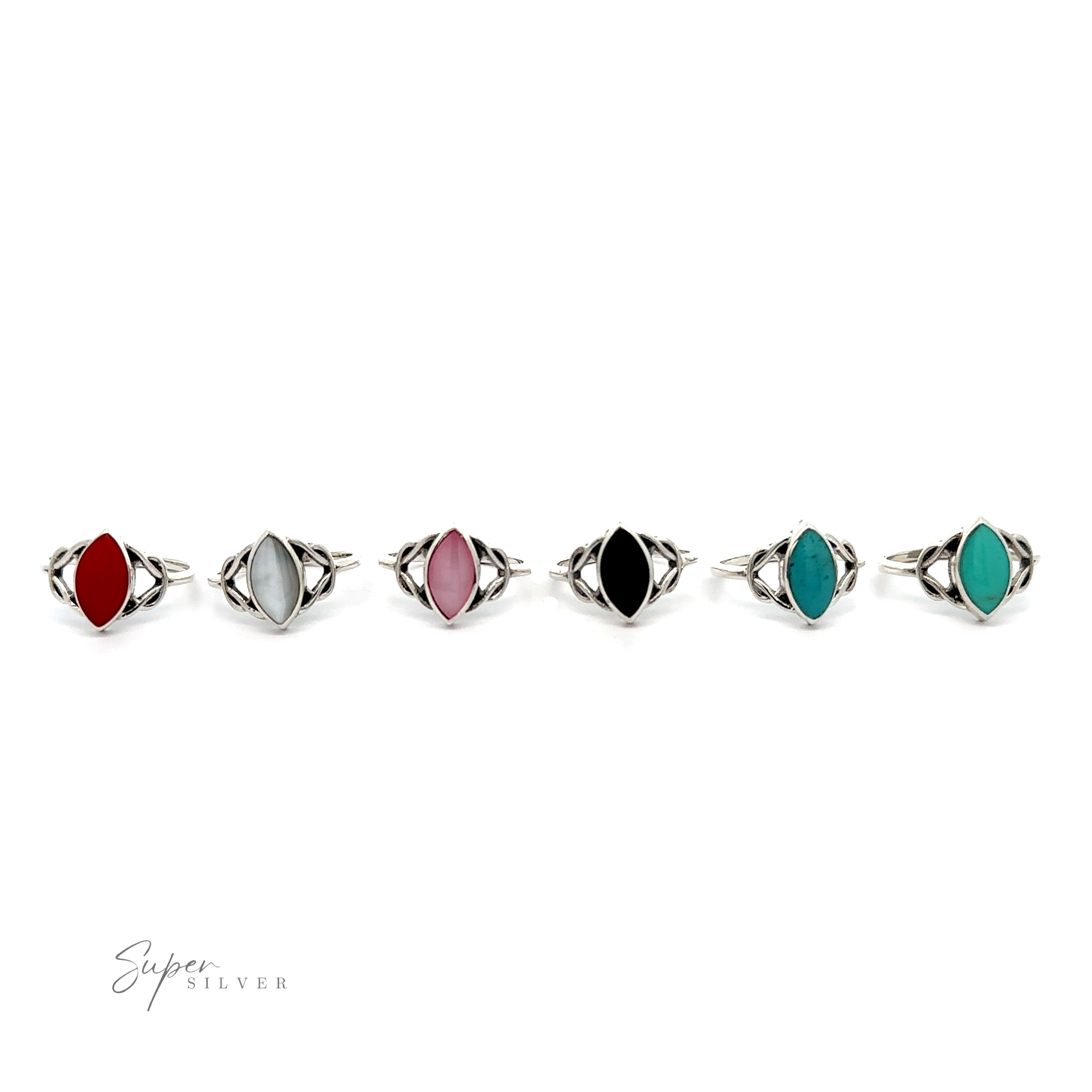 A collection of Celtic Knot Marquise Inlaid Stone Rings in different colors.