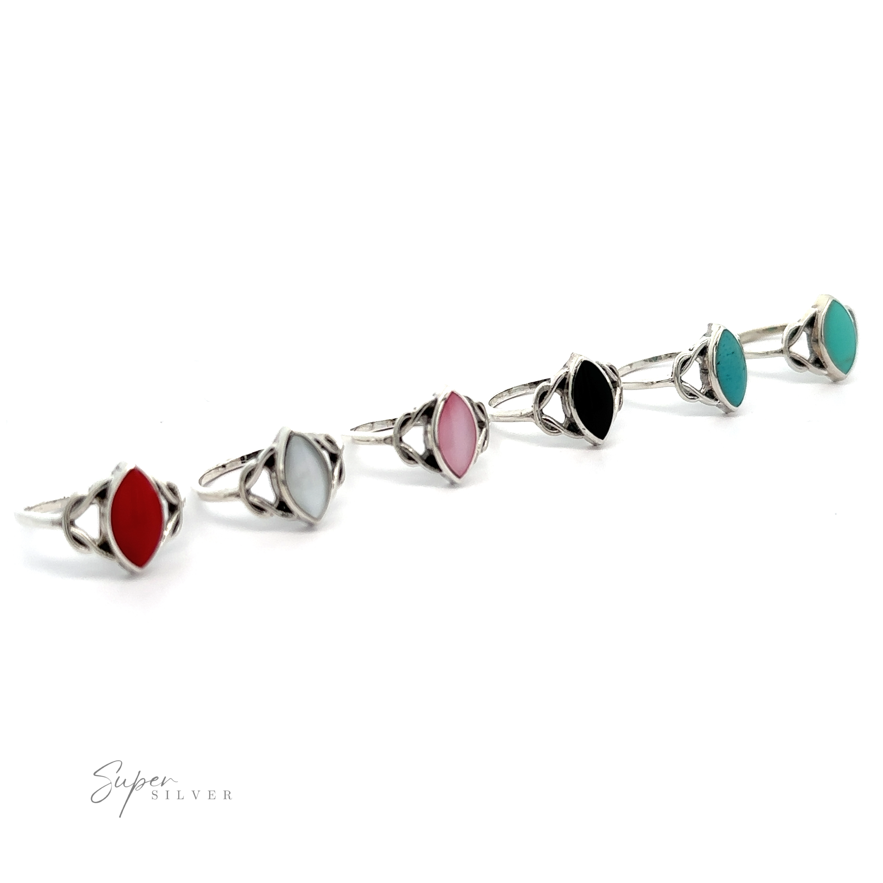 A collection of Celtic Knot Marquise Inlaid Stone Rings.