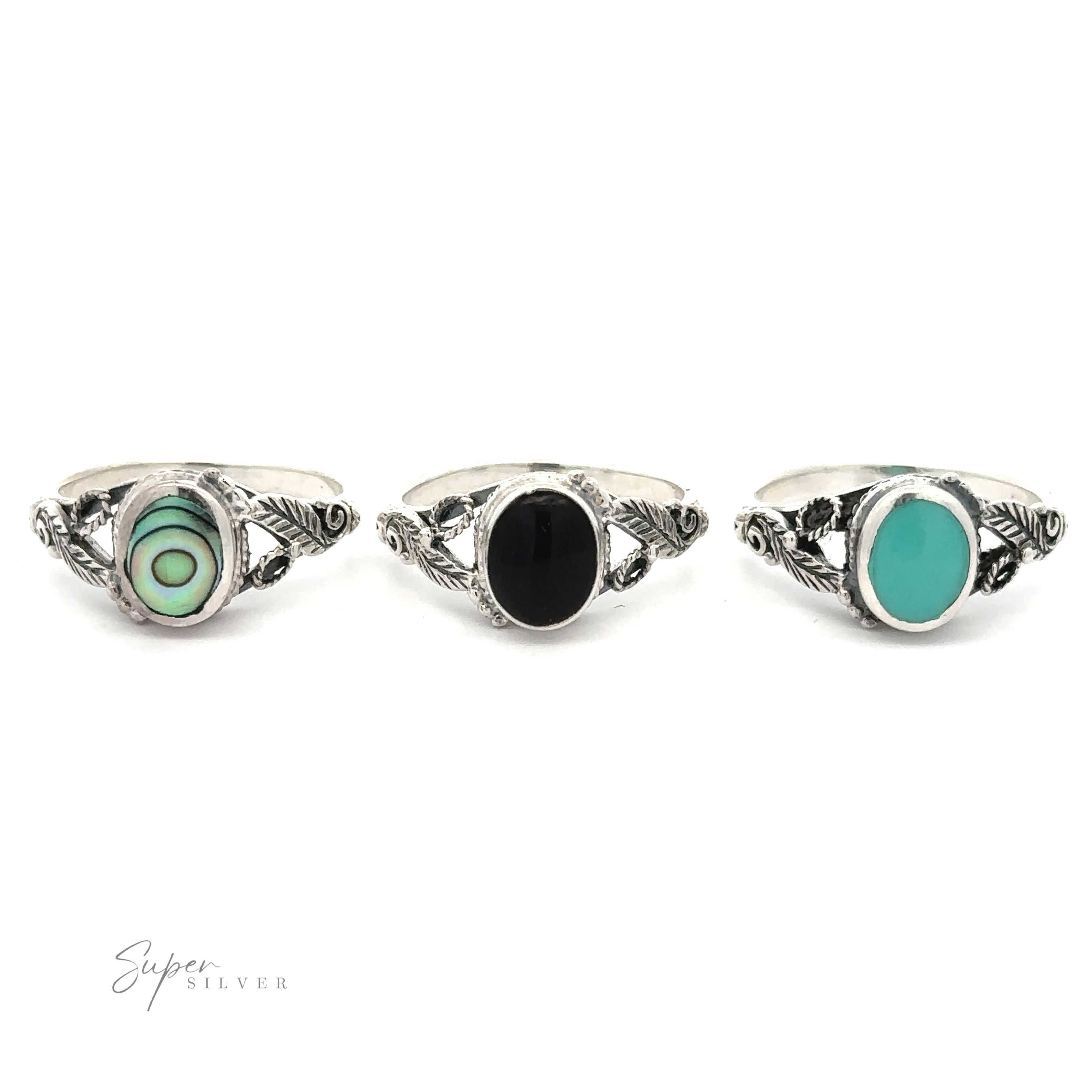Three Beautiful Oval Stone Rings with Leaf Design, two with black stones and one with turquoise.