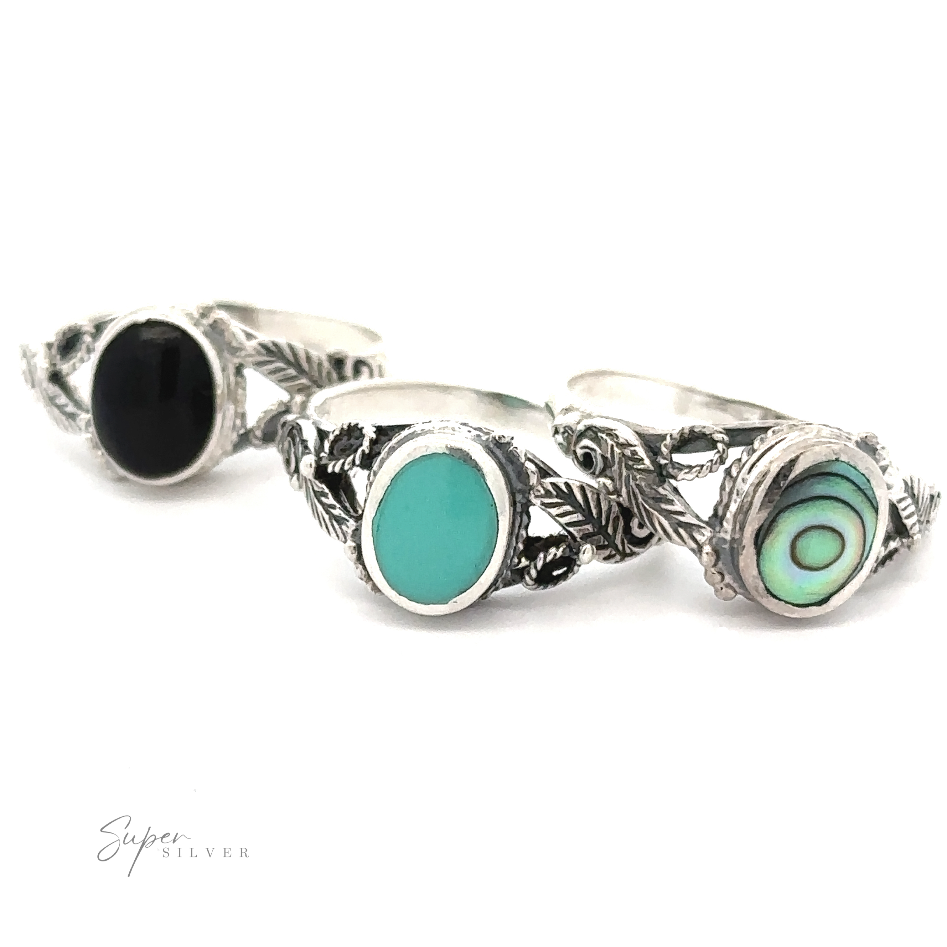 A collection of Beautiful Oval Stone Rings with Leaf Design.