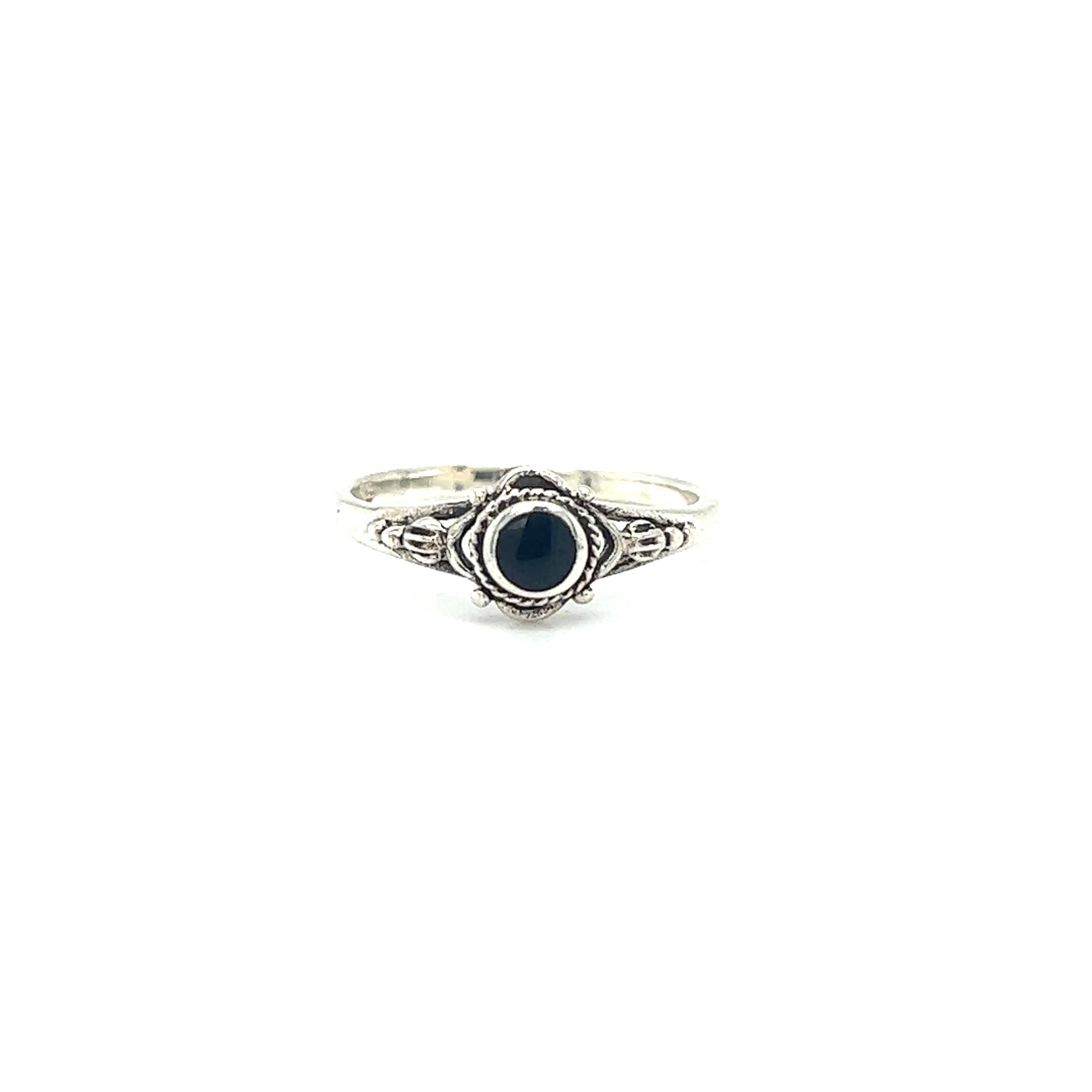 A captivating Dainty Inlaid Stone Ring with Subtle Flower Setting, showcasing a Bali-style aesthetic, by Super Silver.