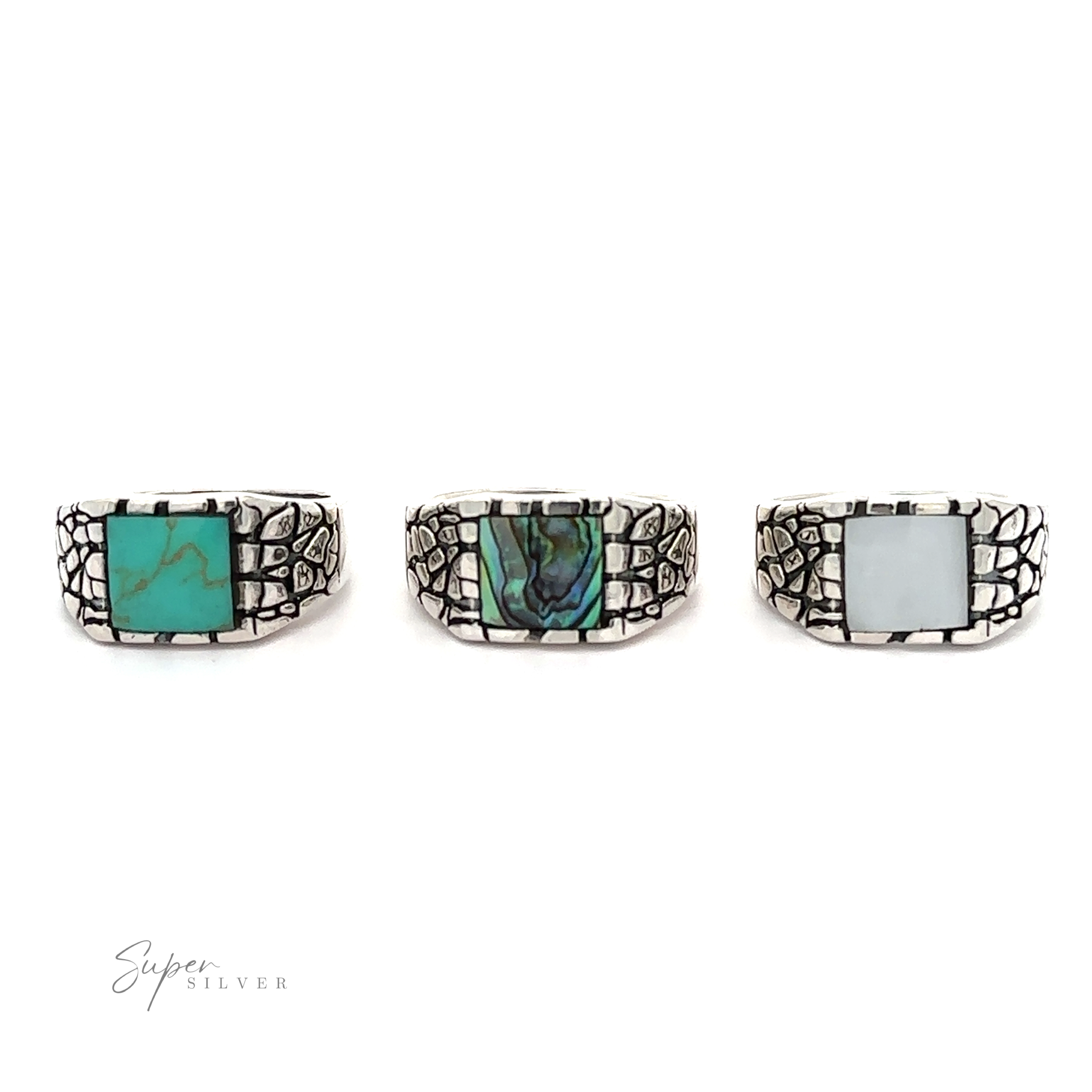 Three silver Stone Signet Rings with inlaid turquoise stones and a dragon scale pattern.