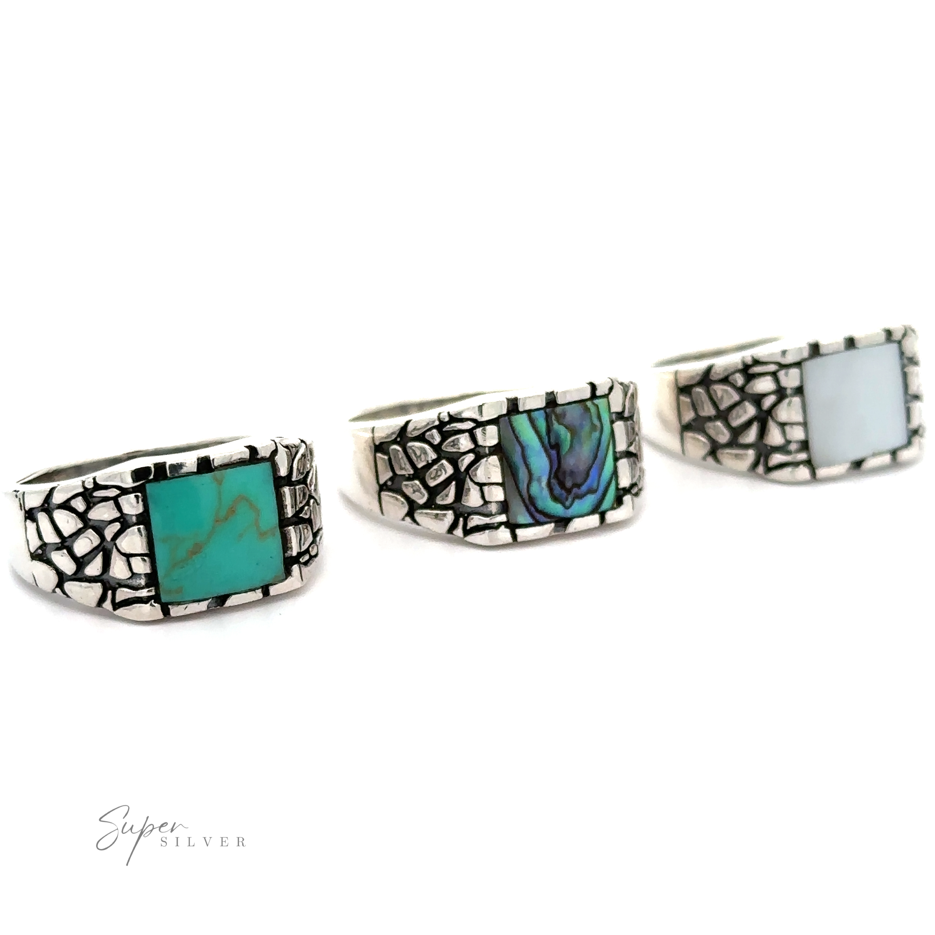 Three Stone Signet Rings with A Dragon Scale Pattern, featuring an inlaid stone.