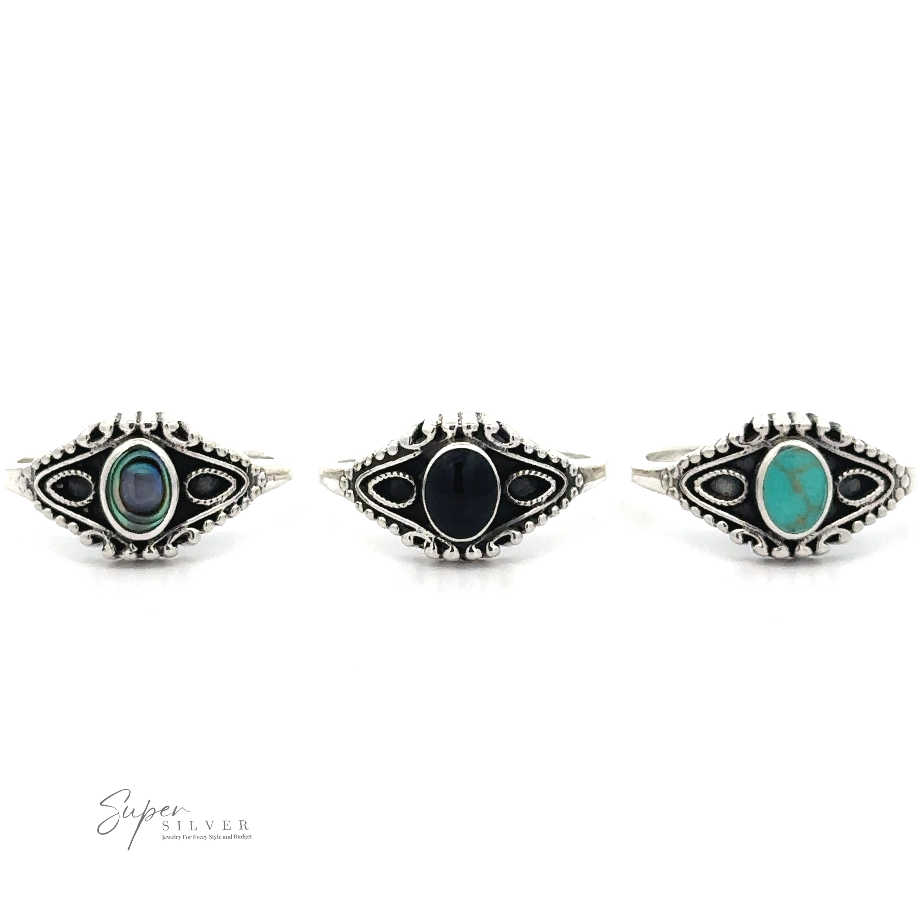 Three intricately designed Vintage Style Rings With Inlaid Oval Stone, crafted from .925 Sterling Silver, each featuring a different inlaid stone: abalone, black onyx, and turquoise. The logo "Super Silver" is at the bottom left corner.