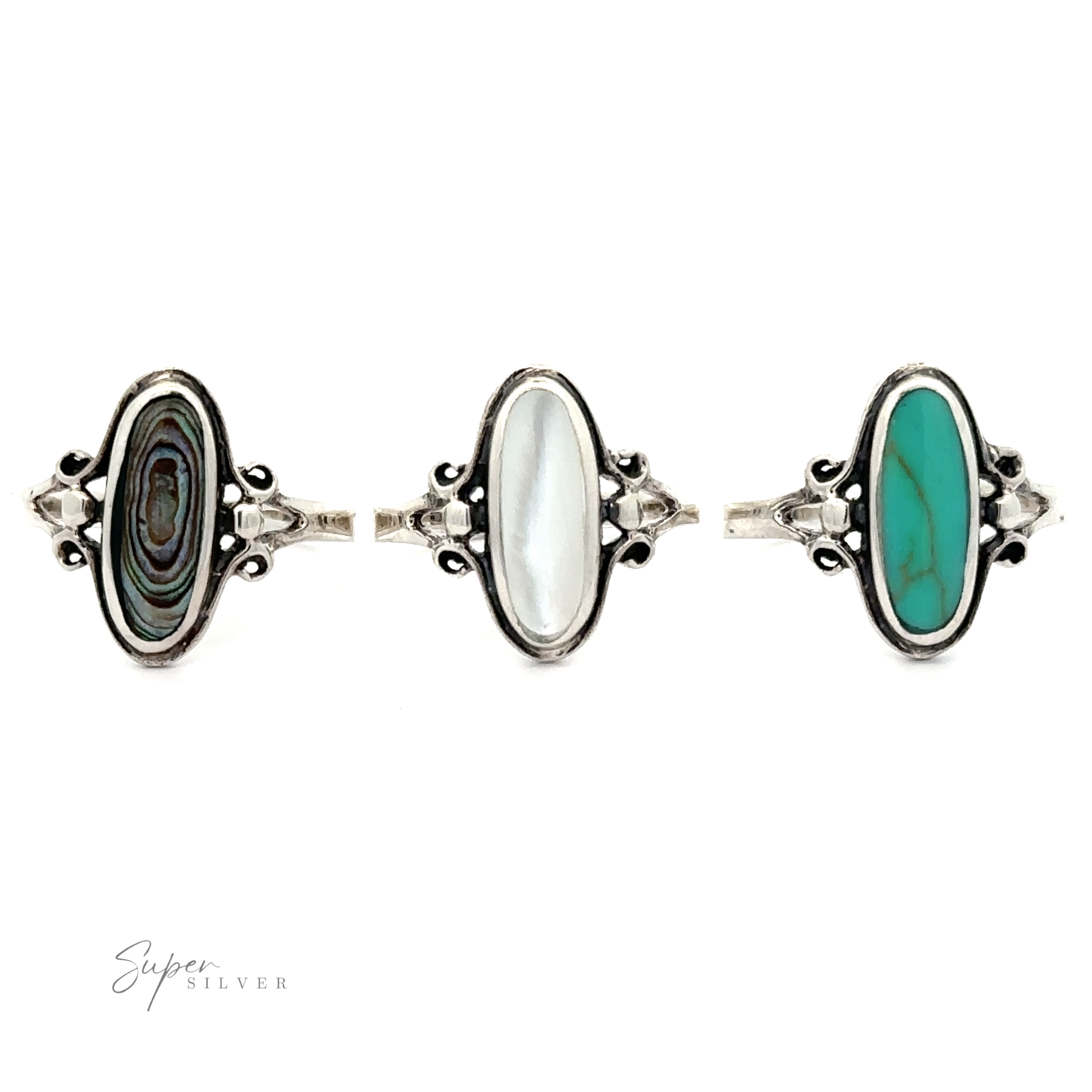 Three Oval Stone Rings with Delicate Border; one has a turquoise stone, the middle a Mother of Pearl stone, and the third a multicolored stone.