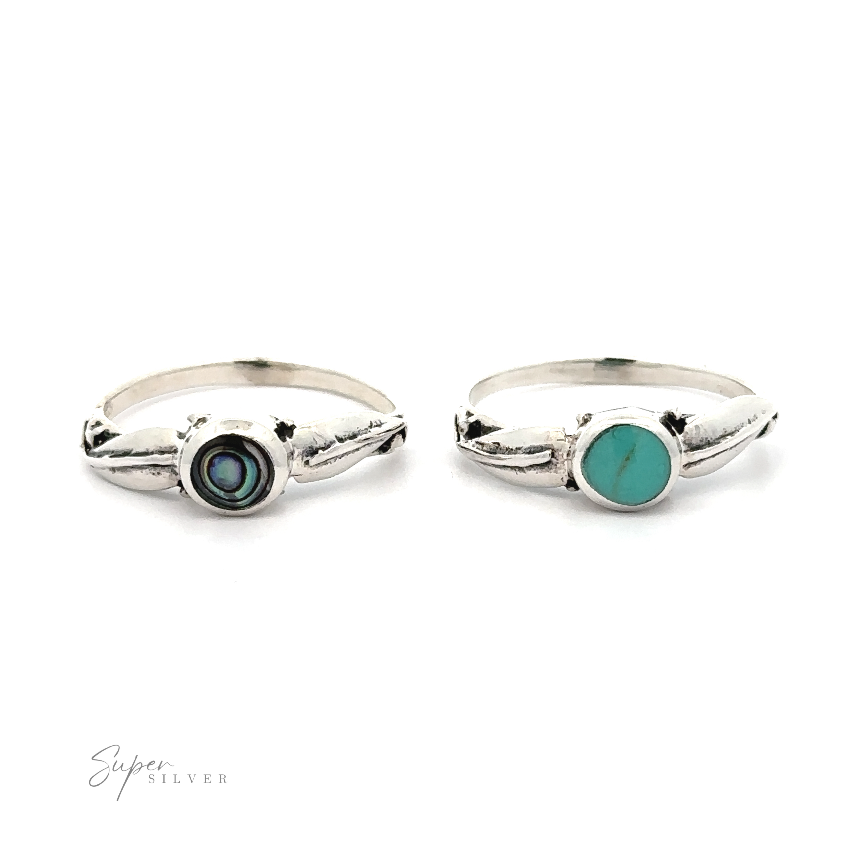 Two Round Stone Rings With Leaves, featuring a sterling silver design.