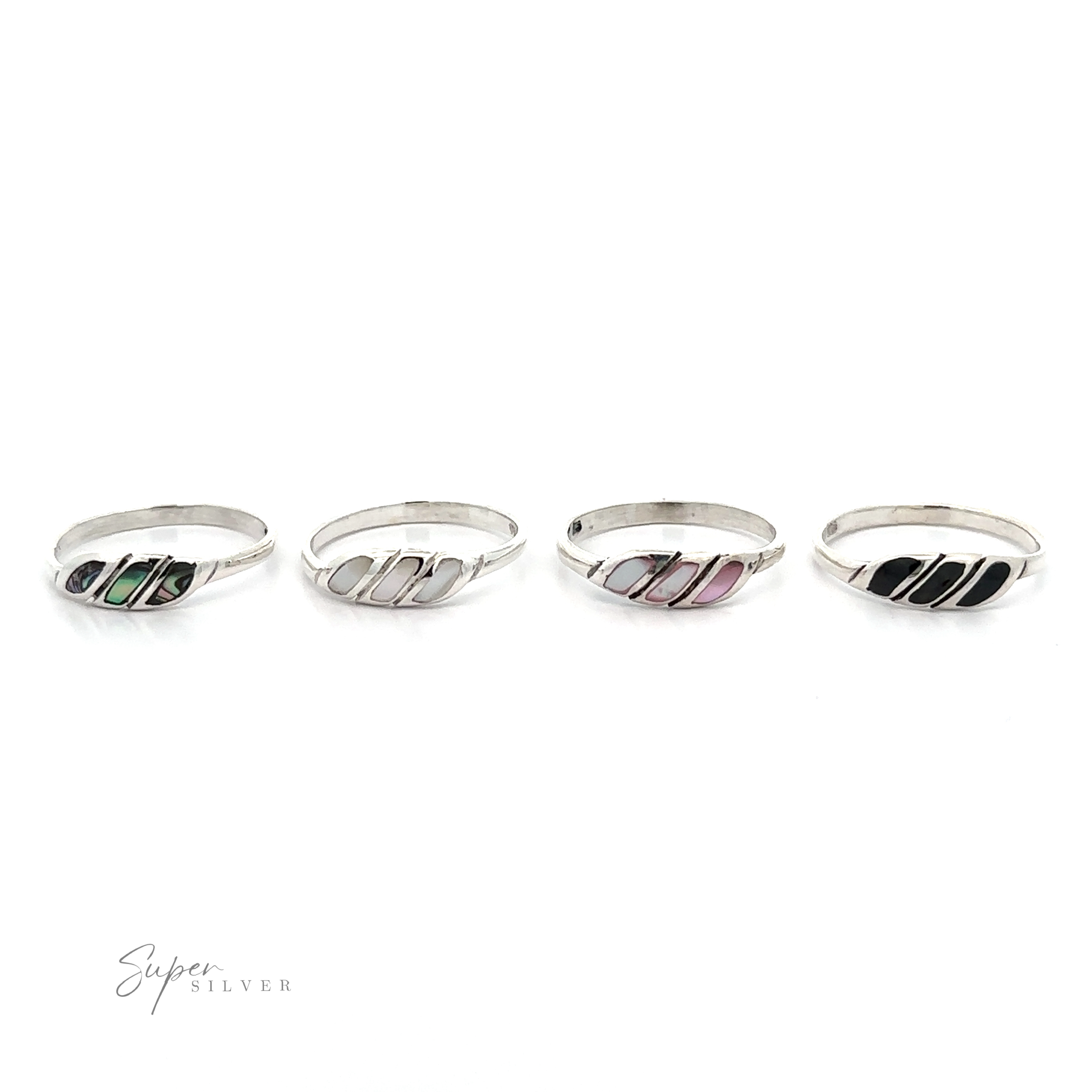 Four silver rings with Dainty Inlay Stone Twist Ring designs displayed in a horizontal line against a white background.