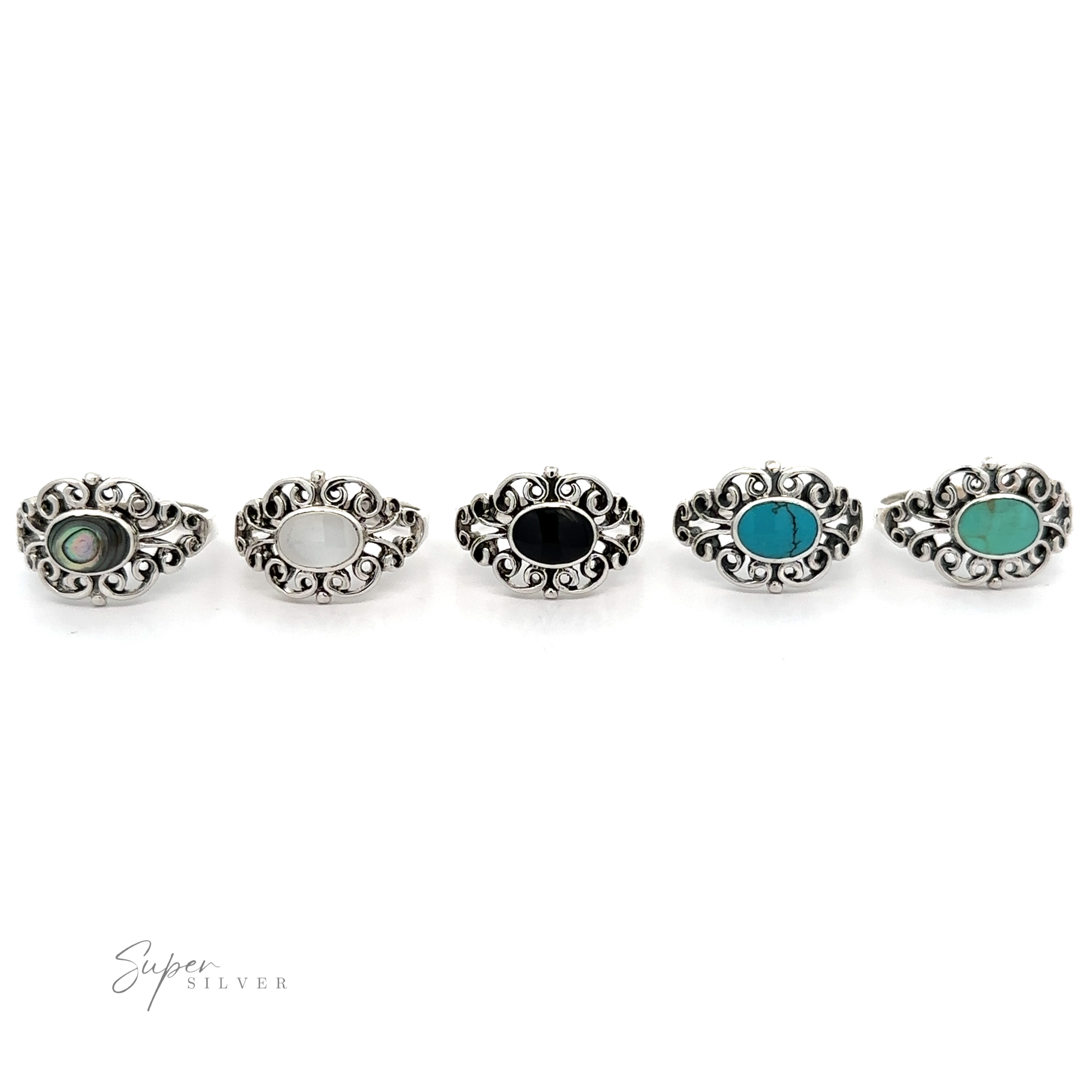 A set of five Victorian Filigree Inlay Stone Rings with vintage turquoise stones.