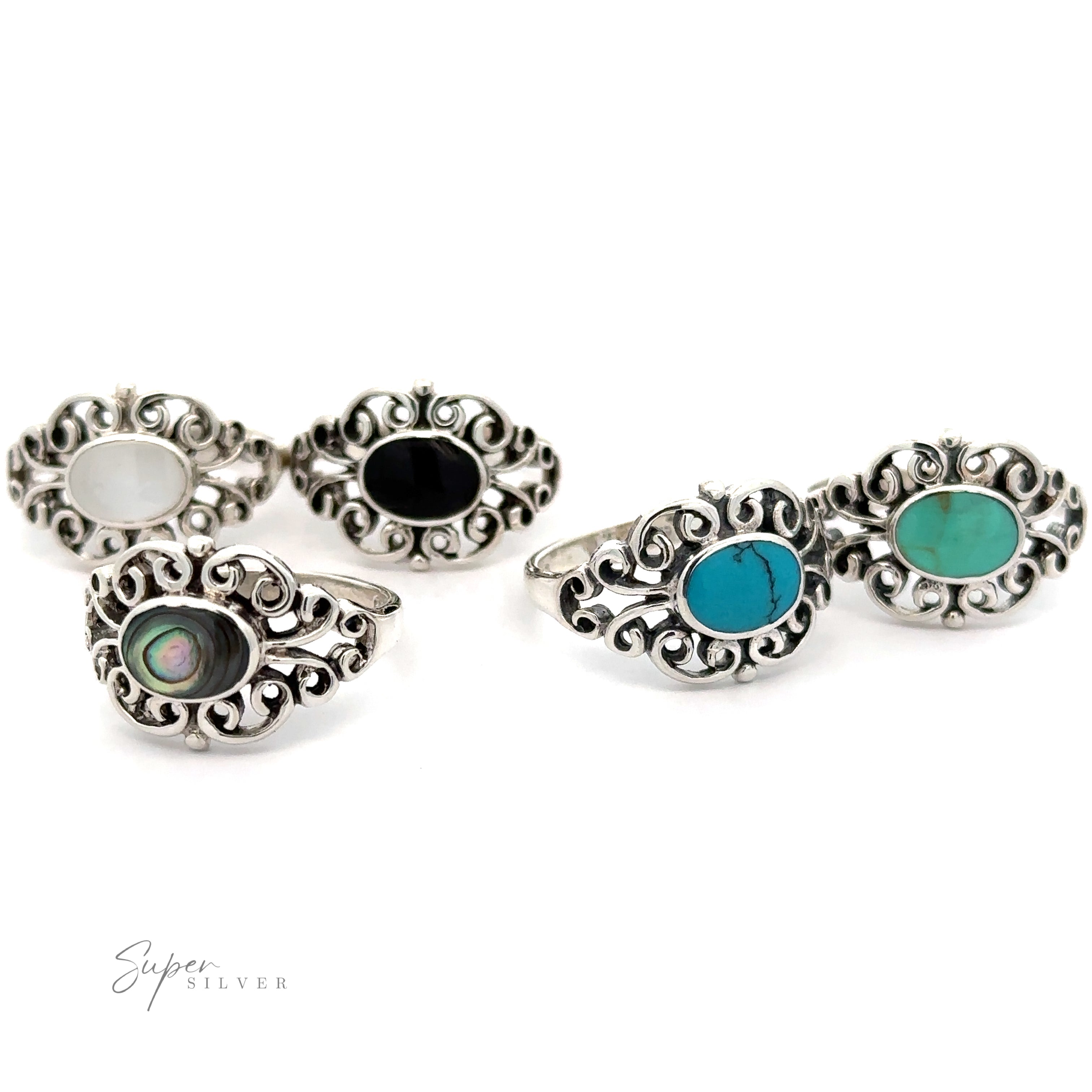 A timeless collection of Victorian Filigree Inlay Stone Rings, perfect for vintage lovers seeking an exquisite style.