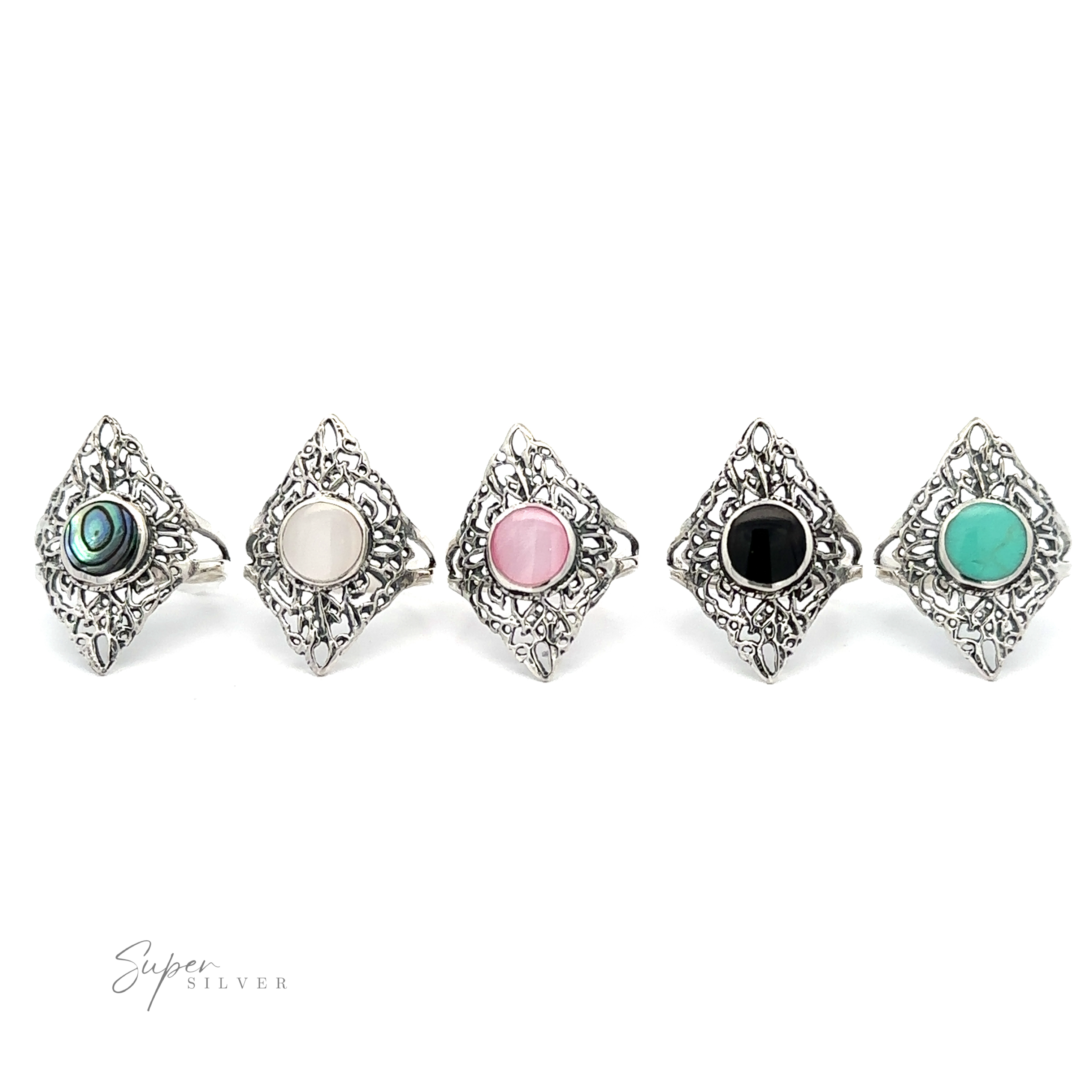 A row of Diamond Shaped Filigree Rings With Round Inlaid Stones.