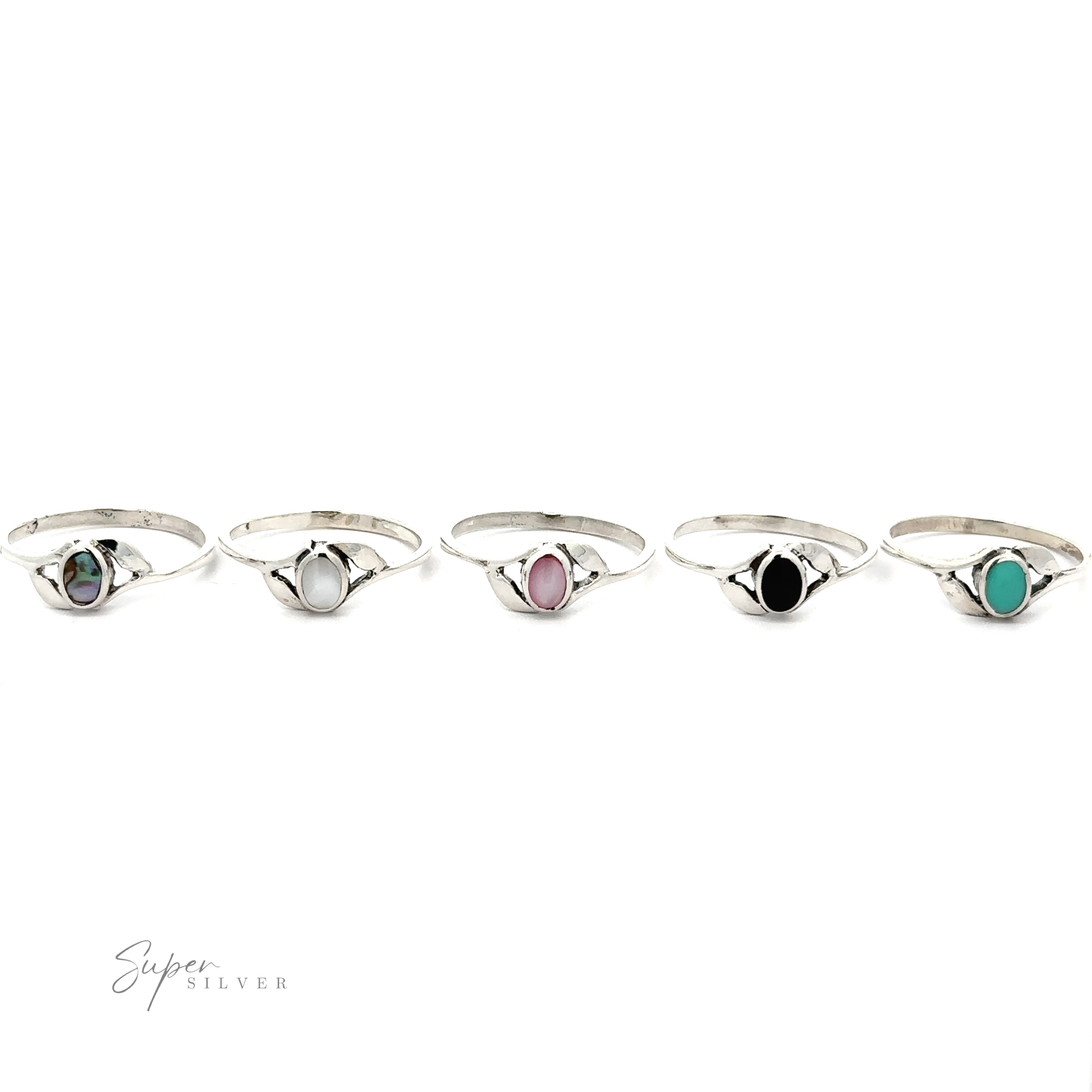 A collection of five Dainty Oval Stone Rings with Leaf Accents, displayed in a row against a white background.