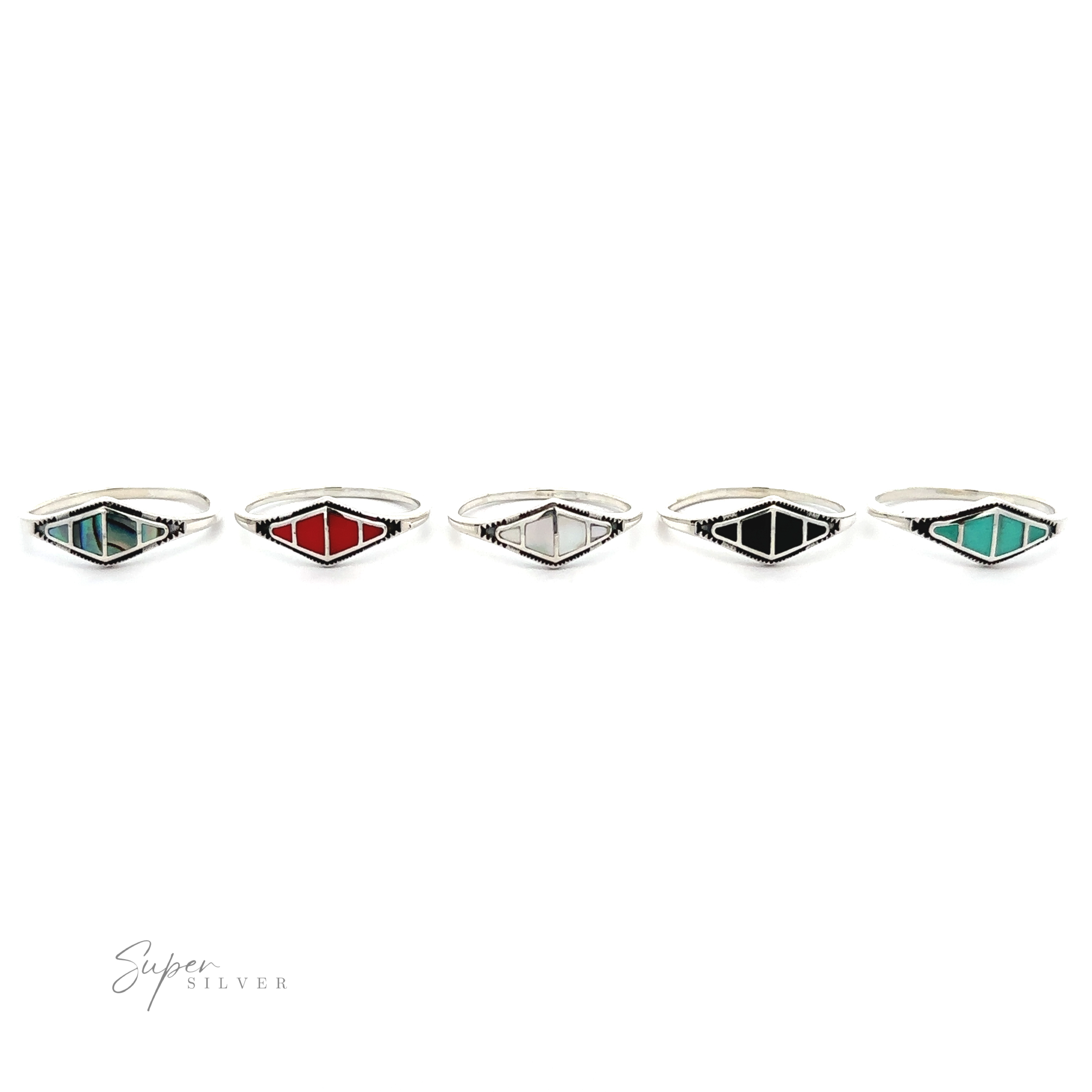 A unique set of five Diamond Shape Sectioned Stone Rings with red, blue, green, and yellow stones.