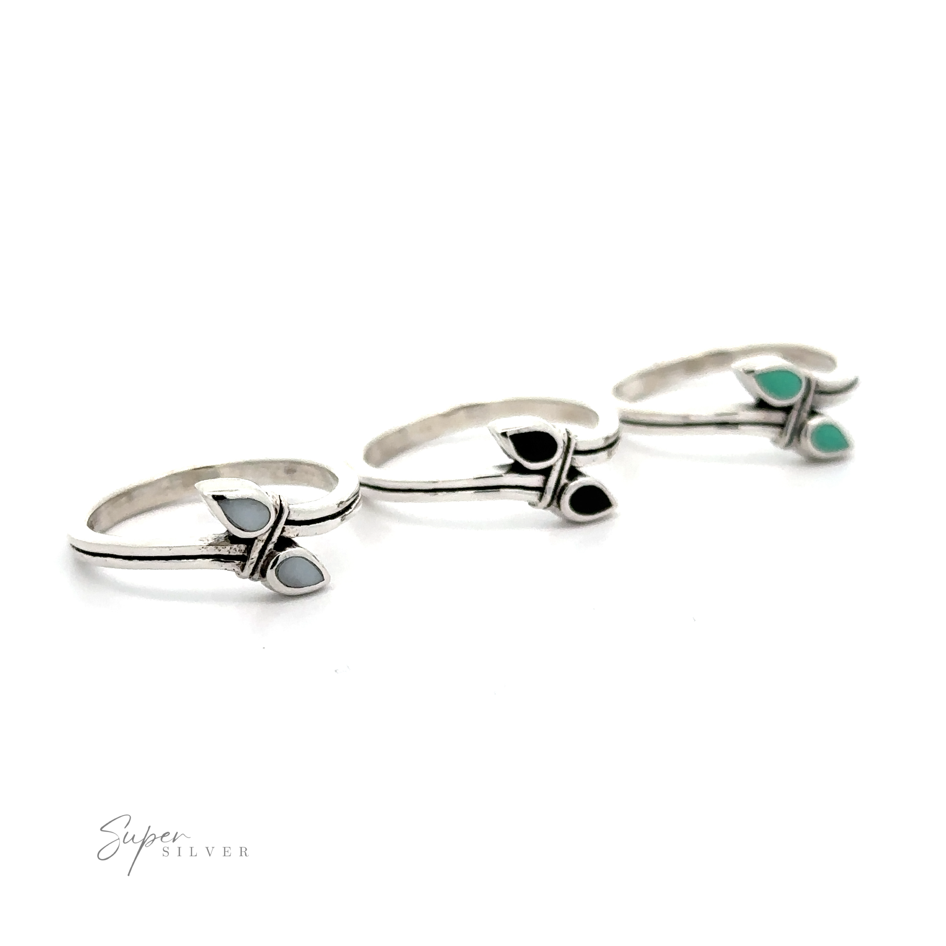 Three Inlay Teardrop Rings with inlaid turquoise stones.