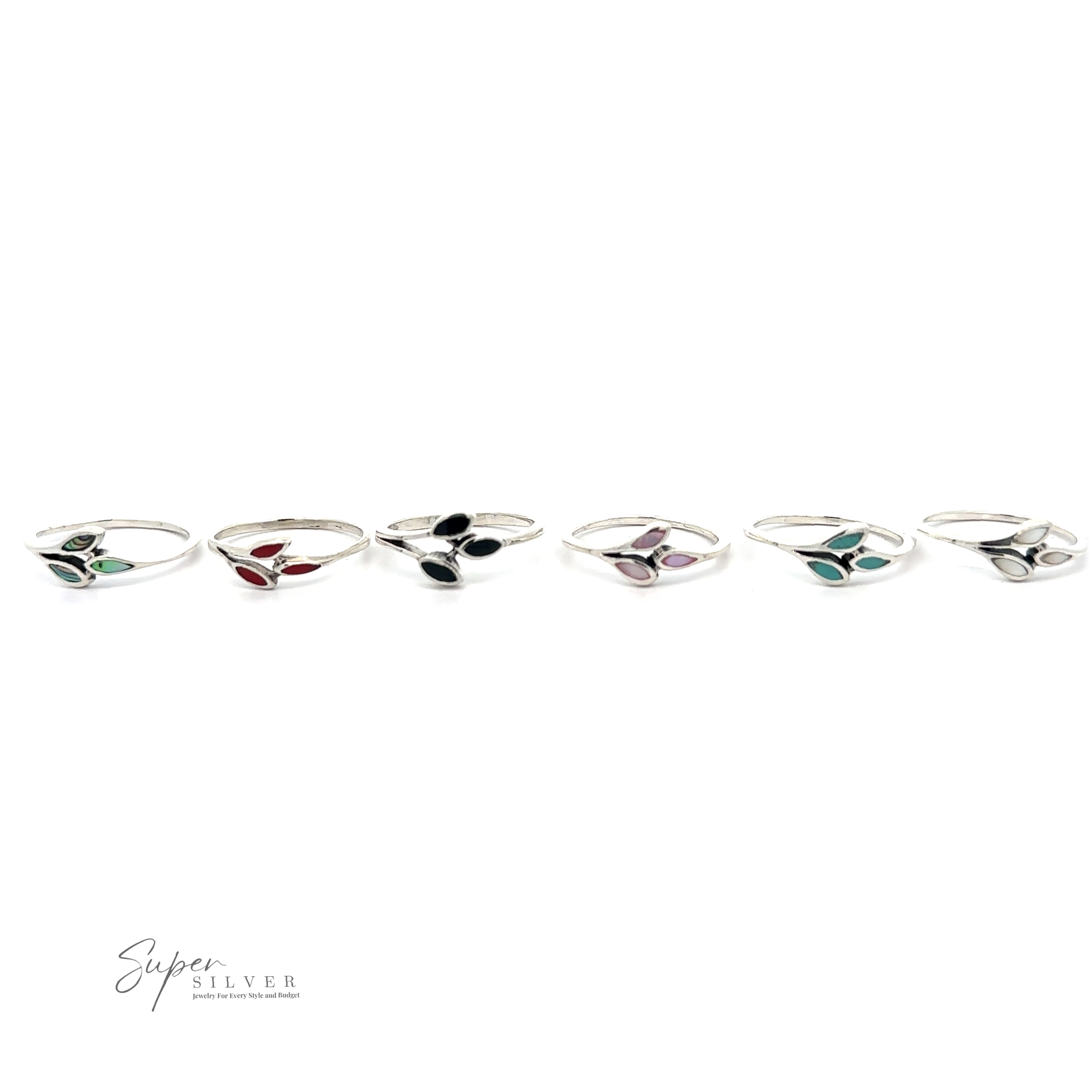 Six Tiny Leaves Rings with Inlaid Stones arranged in a line. The stones are set in pairs and appear in different colors: green, red, black, purple, blue, and green. The minimalist rings feature the logo "Super Silver.