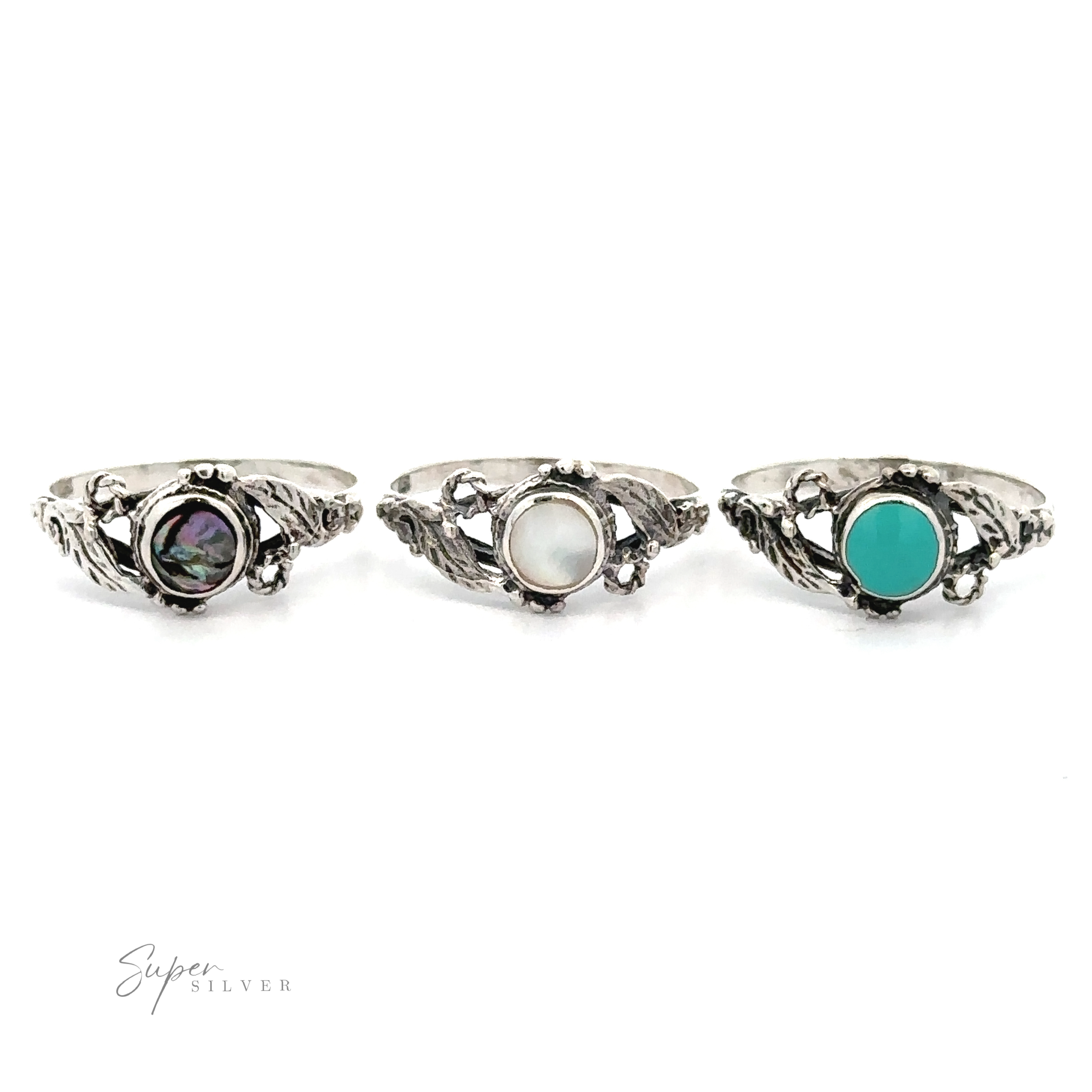 Three elegant Rope and Leaves Inlay Stone Rings, displayed side-by-side against a white background.