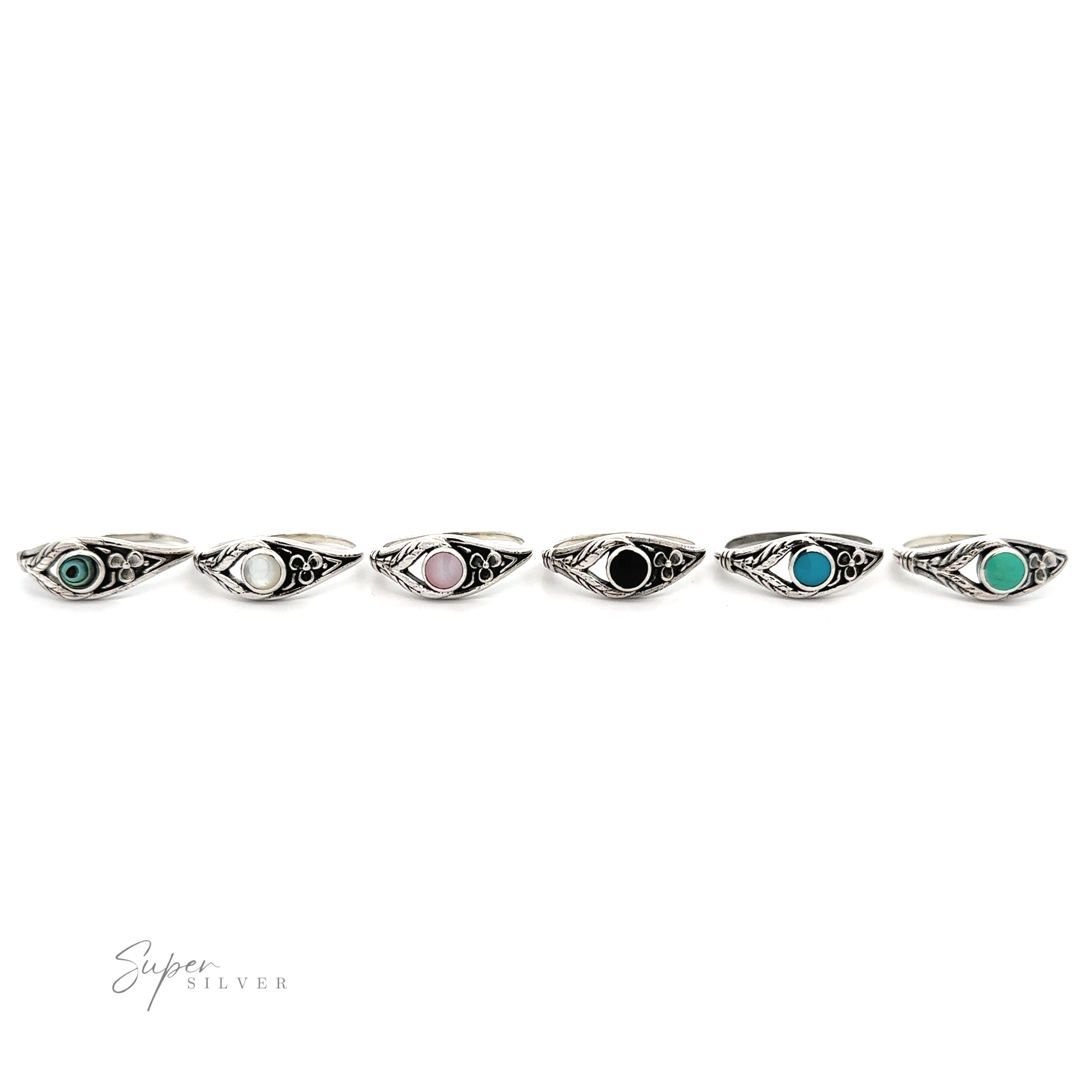 A row of Inlay Stone Rings with Flower and Leaf Design.