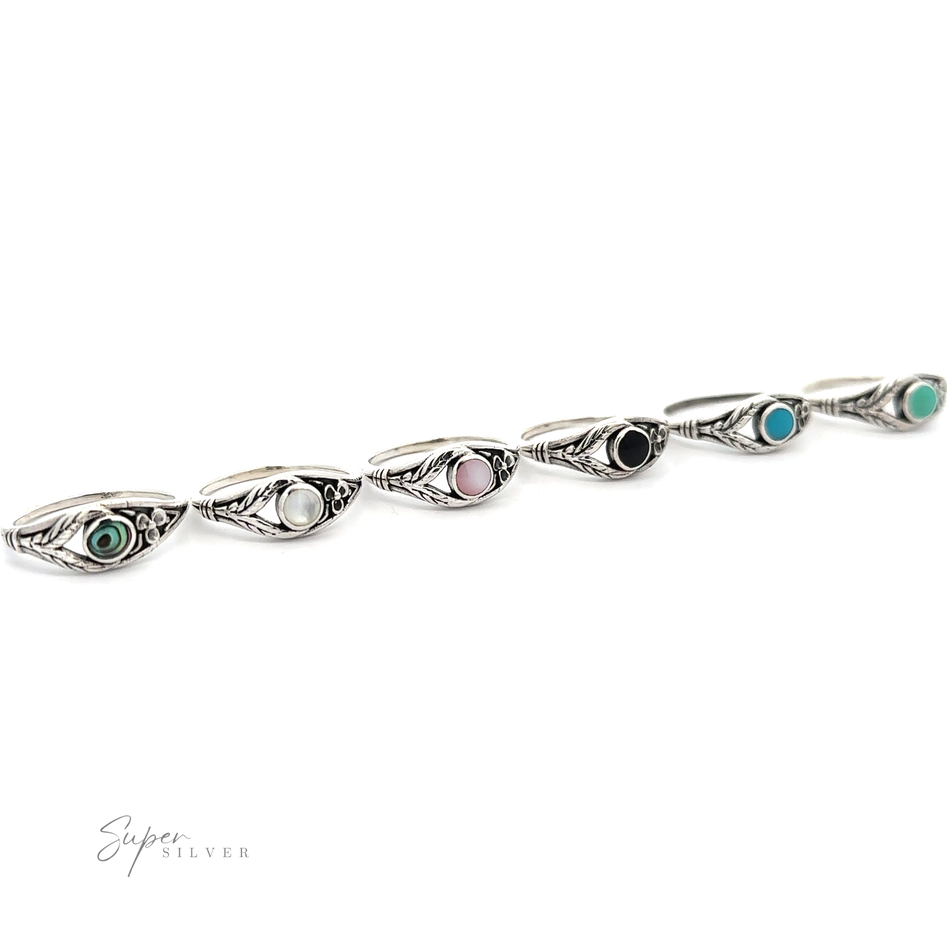 Inlay Stone Ring with Flower and Leaf Design, in sterling silver.