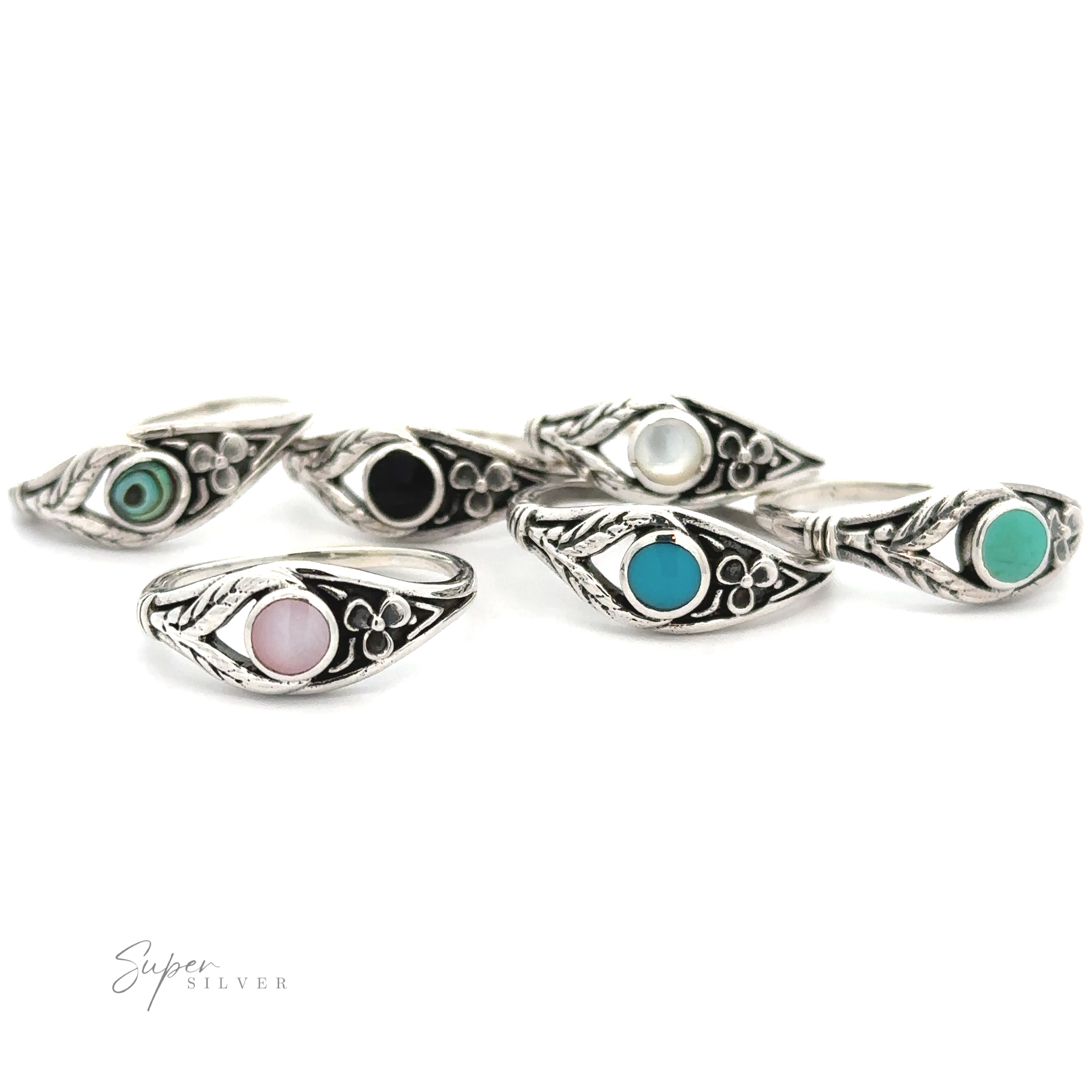 A set of Inlay Stone Rings with Flower and Leaf design, some featuring a flower design.