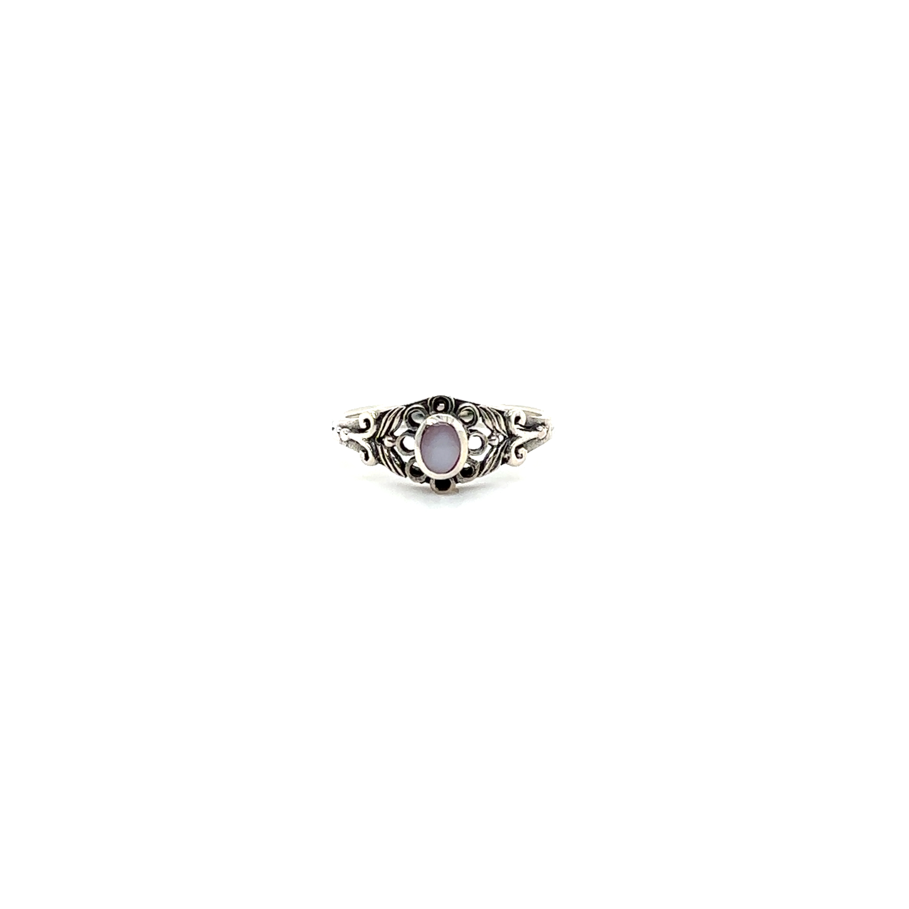 A Super Silver Oval Flower Ring with Inlay Stones with an earthly charm and a purple stone.