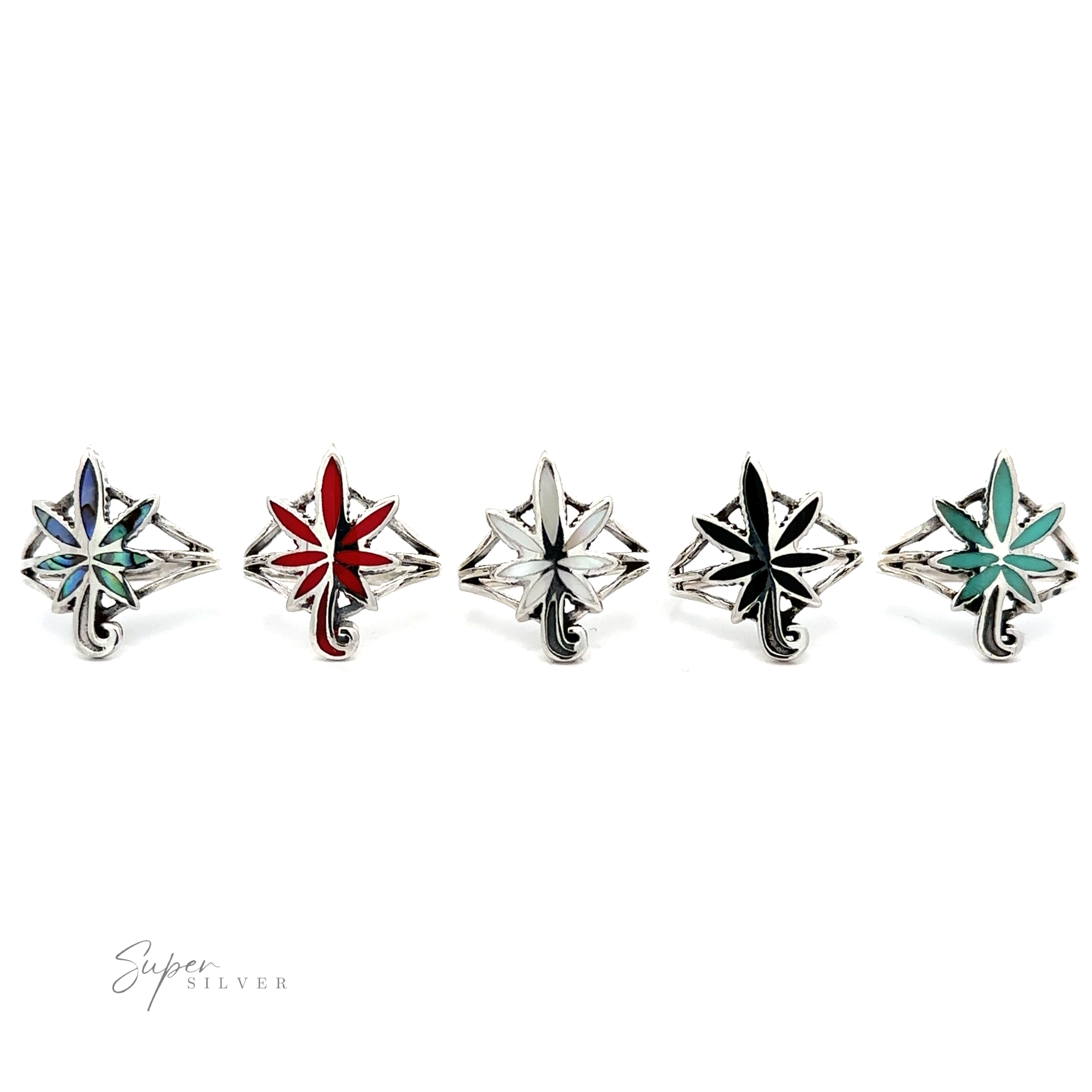 A set of five Inlay Stone Marijuana Leaf Rings with colorful designs.