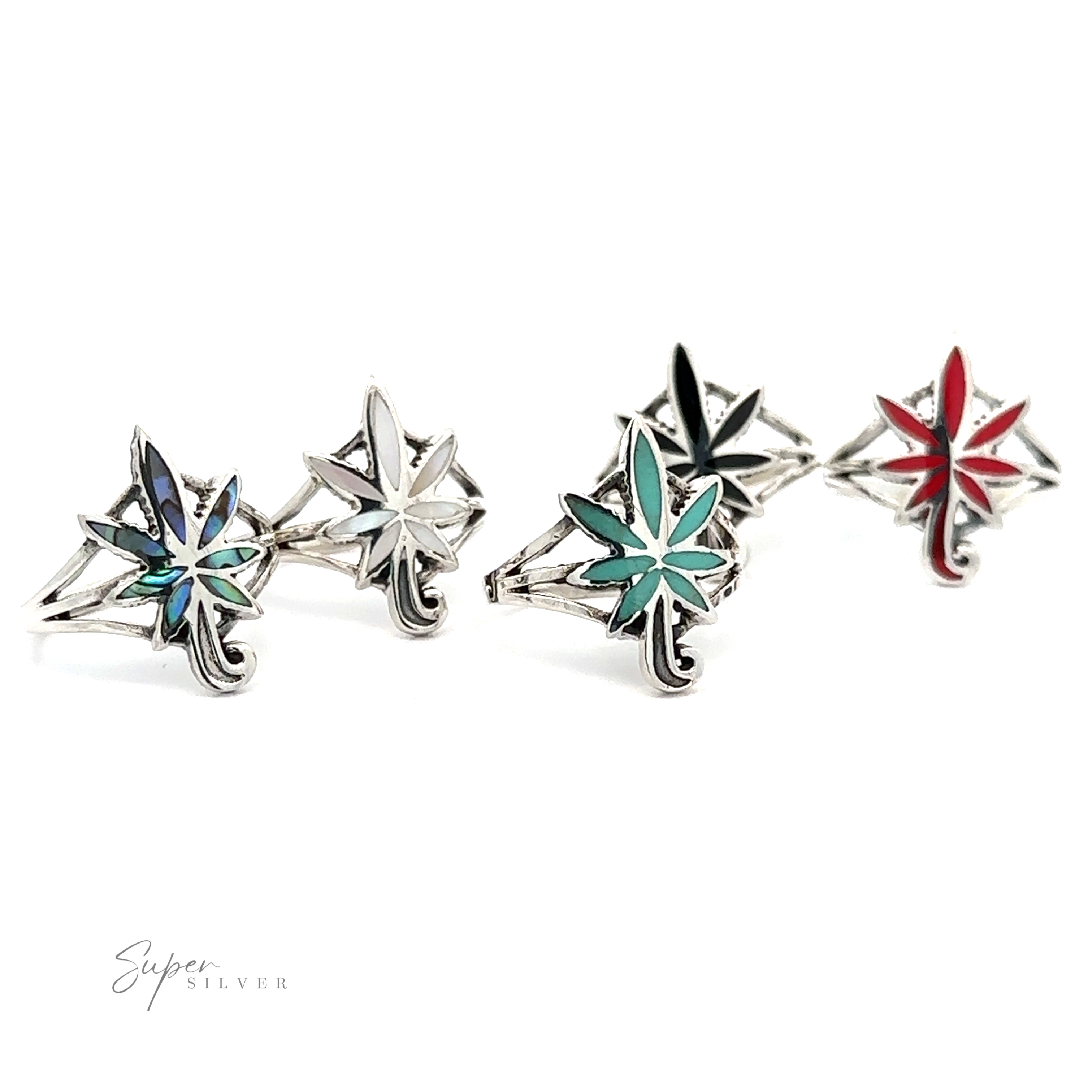 Four Inlay Stone Marijuana Leaf Rings adorned with colorful marijuana leaves.