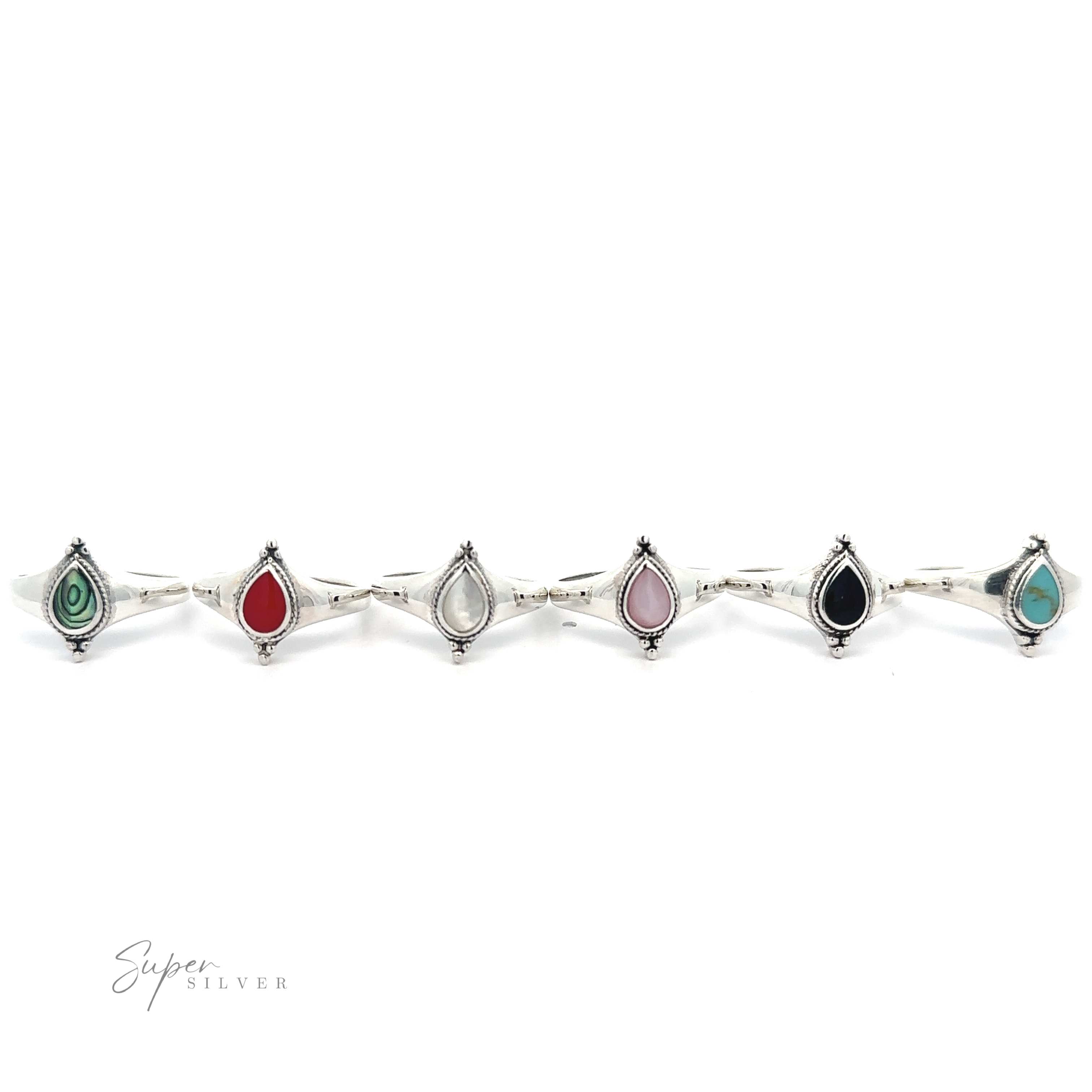 Teardrop Inlay Shield Ring with assorted gemstones and Bohemian jewelry style.