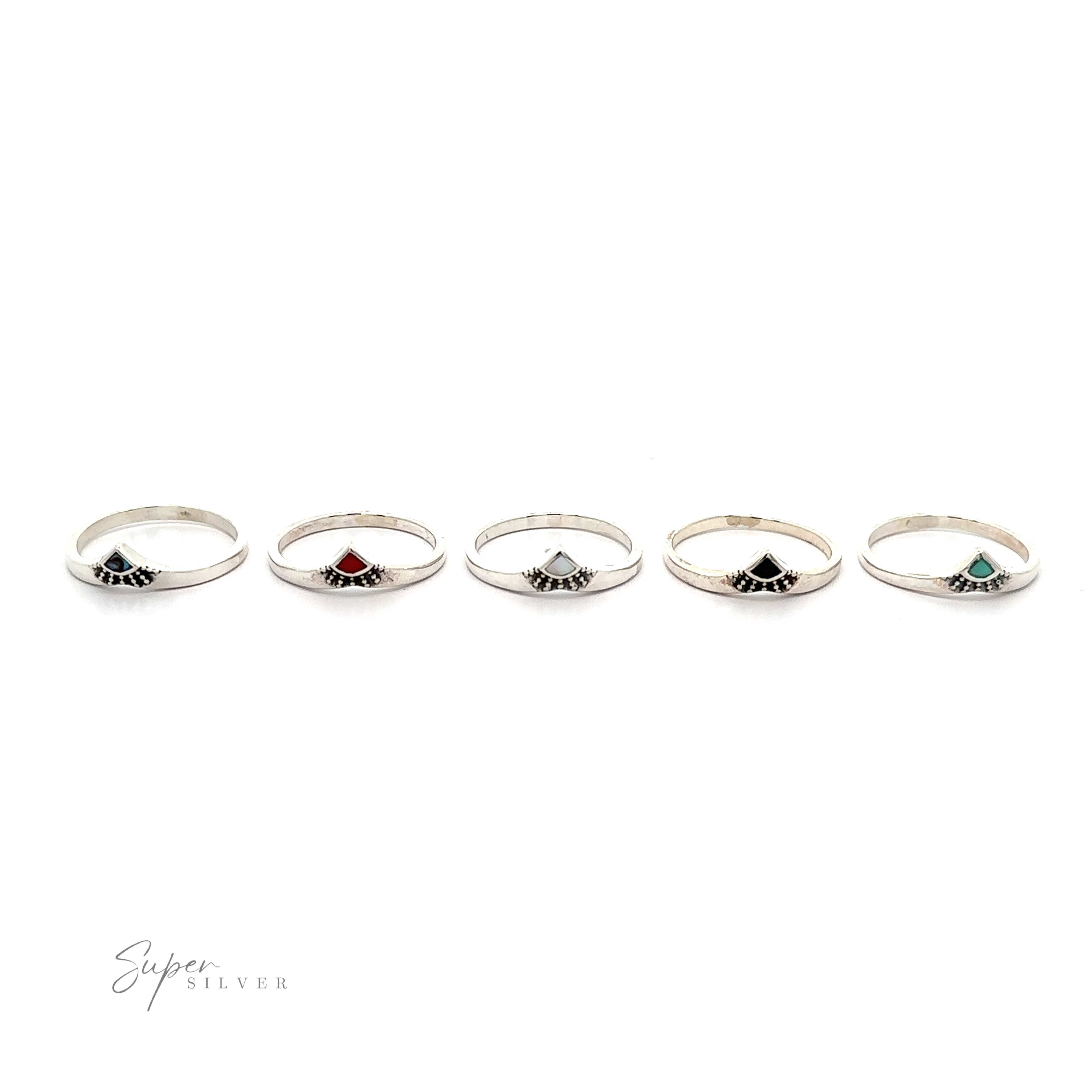 A versatile set of five Dainty Chevron Bali Style Inlay Rings with different colored stones.