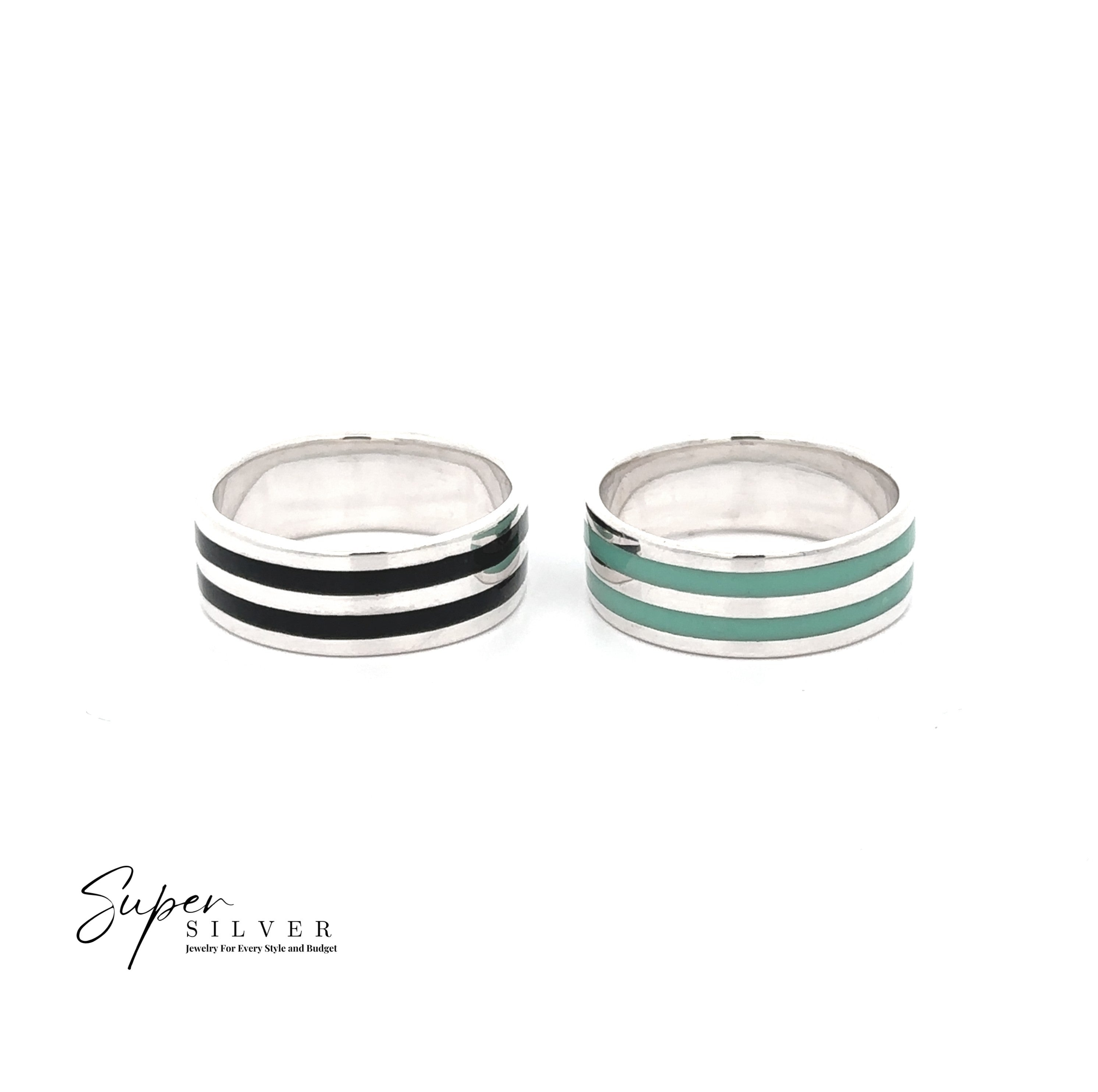 Two Double Stripe Inlay Bands—one with black onyx stripes, one with green stripes—are shown side by side on a white background, featuring the "Super Silver" logo in the corner.