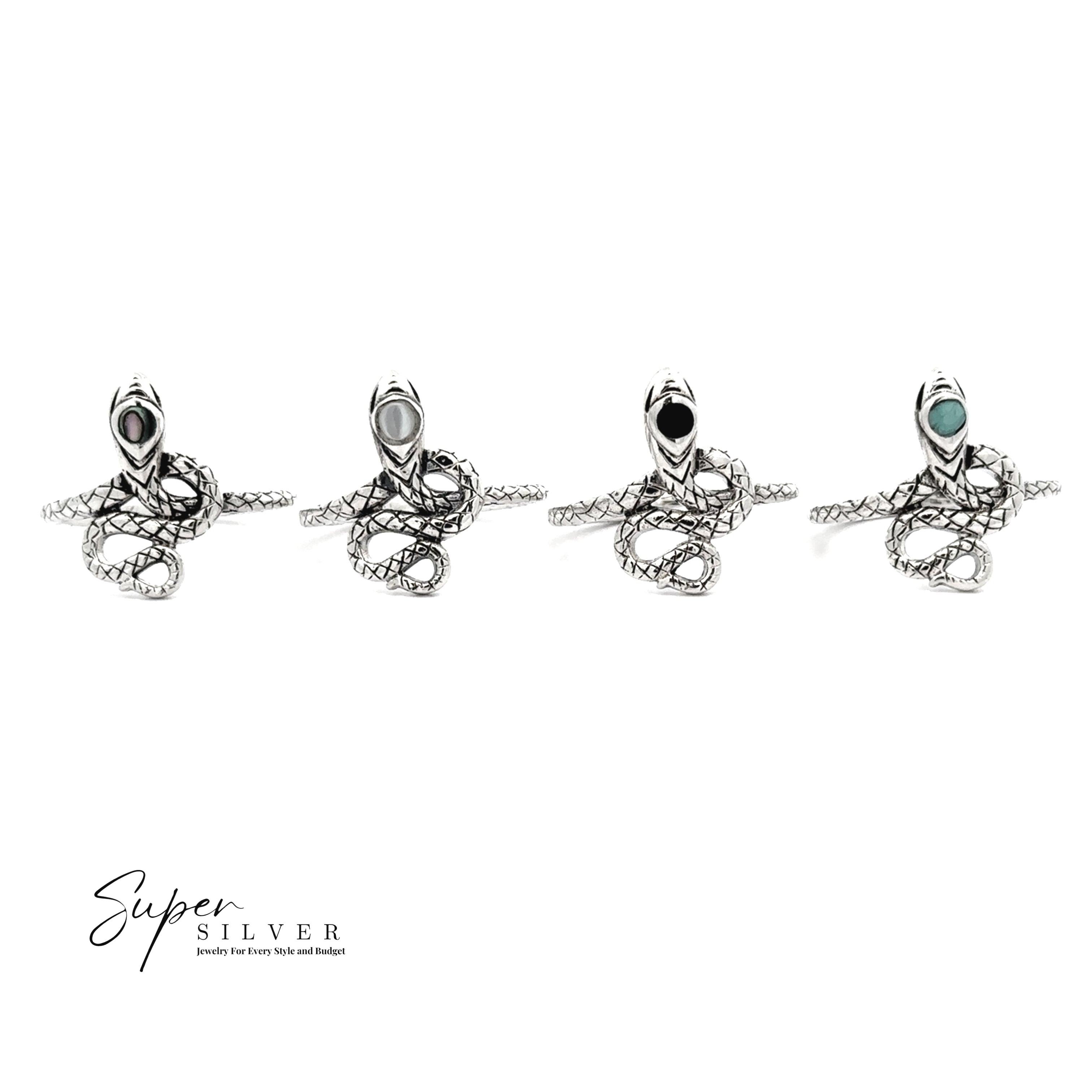 Four Coiled Snake Rings with inlaid stones are displayed in a row on a white background. The "Super Silver" logo appears in the bottom left corner—these rings are perfect transformation jewelry for any style.