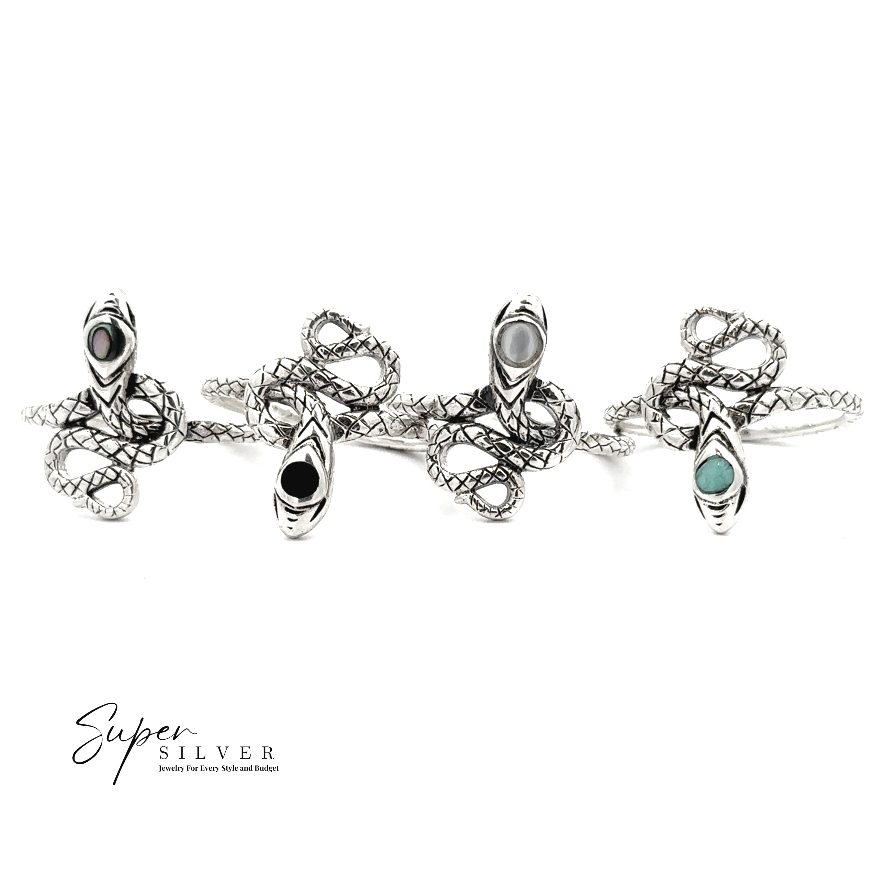 Three Coiled Snake Rings with inlaid stones—black, white, and green—embody transformation jewelry, displayed on a white background. The "Super Silver" logo is shown in the bottom left corner.