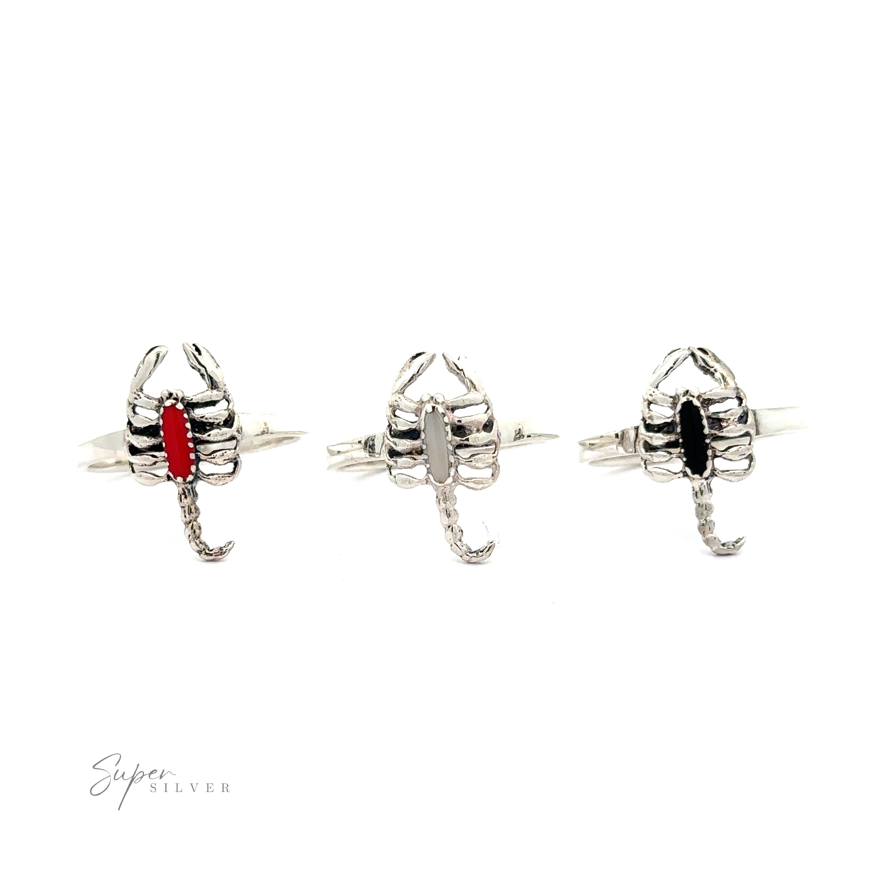 Three Small Scorpion Rings with Inlaid Stone in .925 Sterling Silver on a white background.