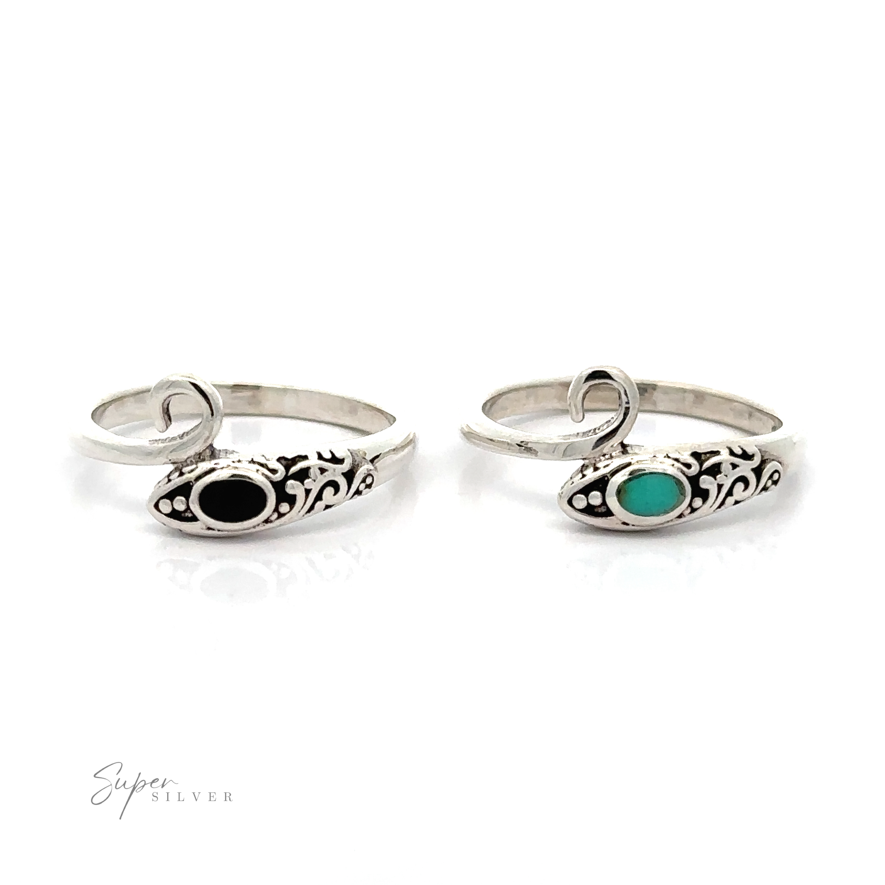 A pair of Inlay Stone Snake Rings with a green stone and filigree designs.