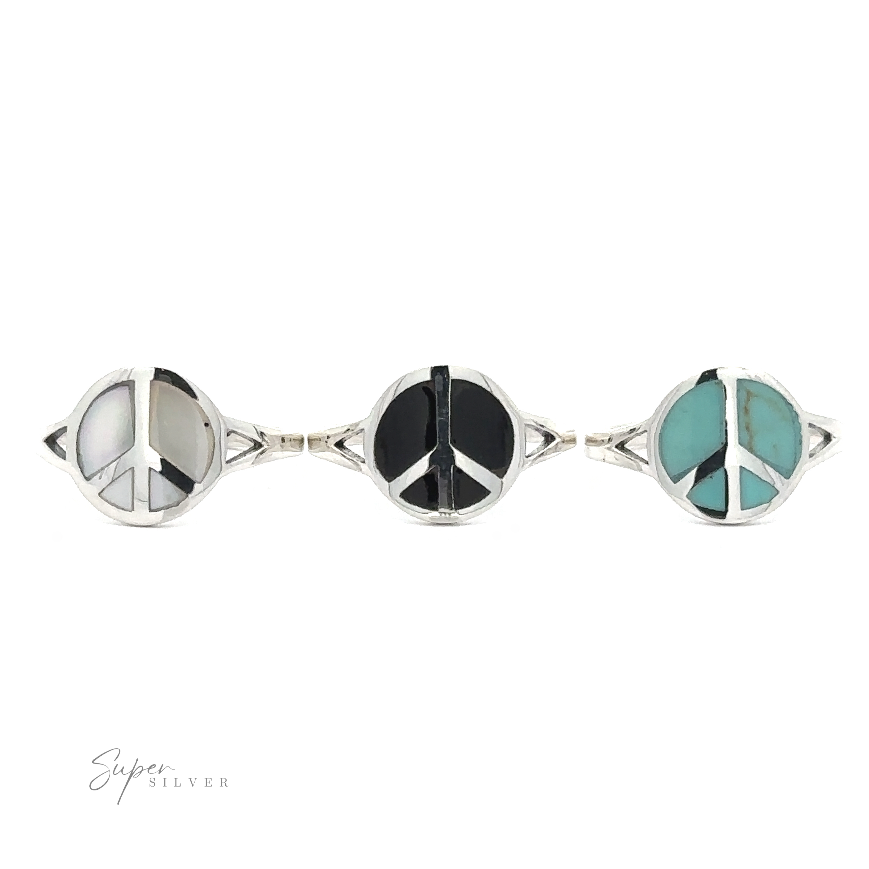 Three silver rings, each showcasing a Stone Inlay Peace Sign Ring with inlays of white, onyx, and turquoise. The background is white with a logo "Super Silver" on the bottom left.