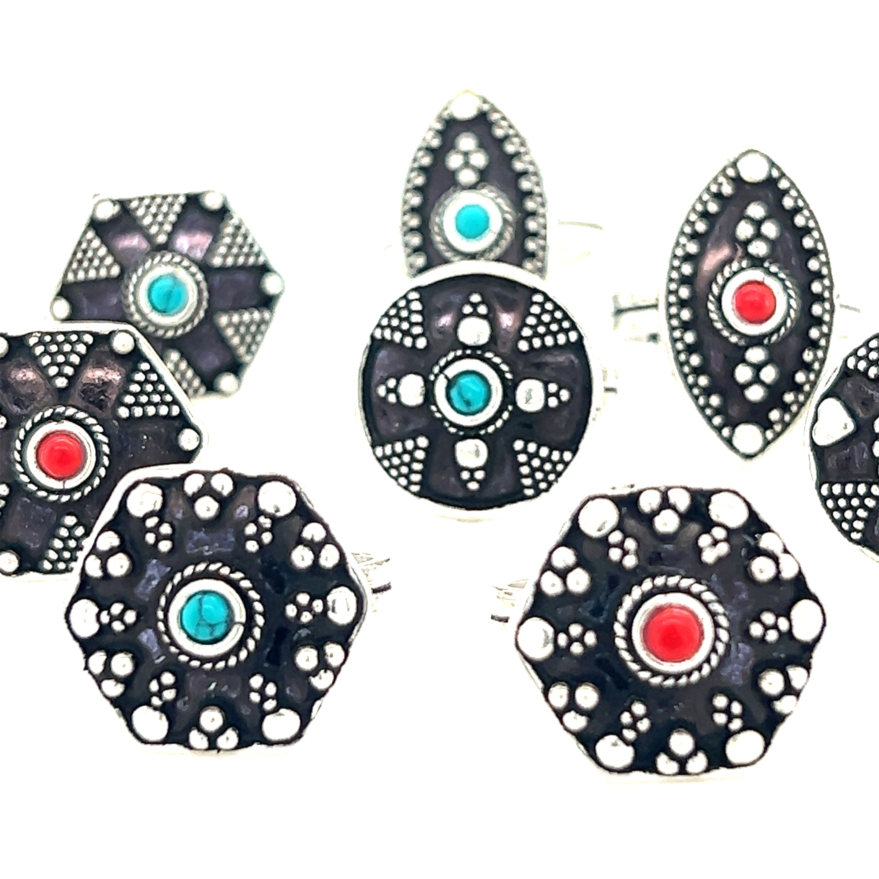 A set of Tibetan-Style Rings with Small Stones with stunning Tibetan-style designs.