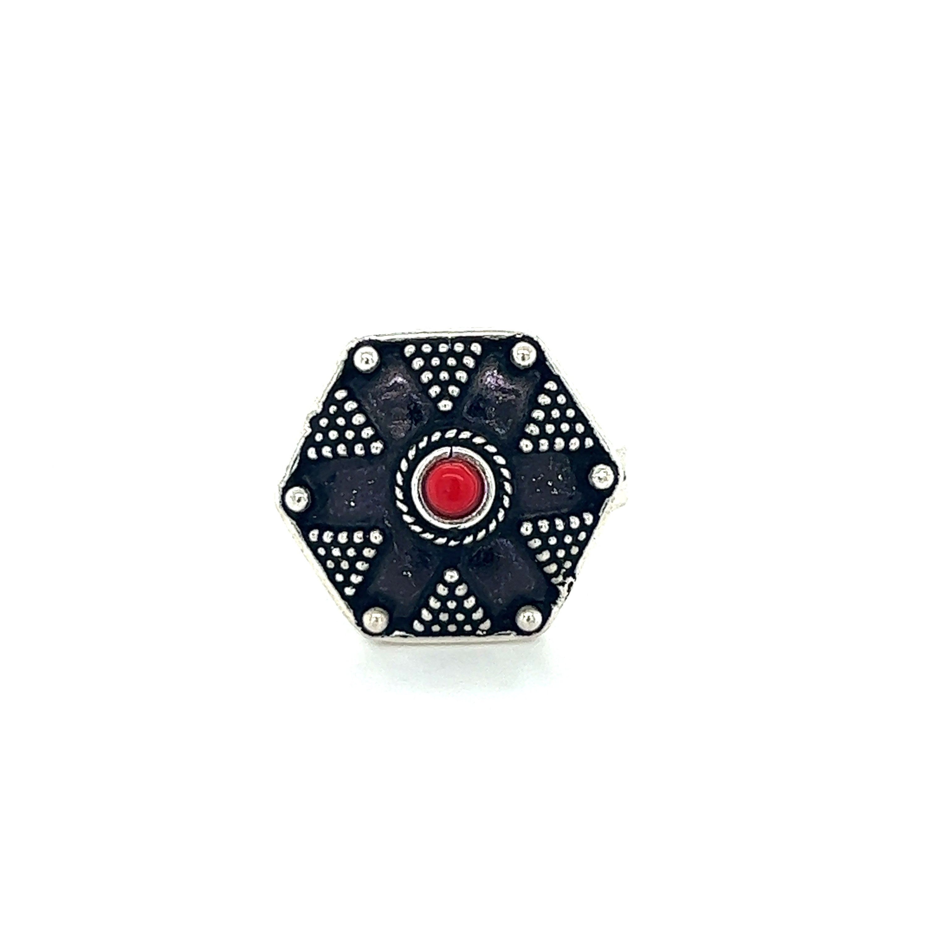 A bohemian masterpiece Tibetan-Style Ring with Small Stones, featuring a black and red color combination and adorned with a vibrant red stone.