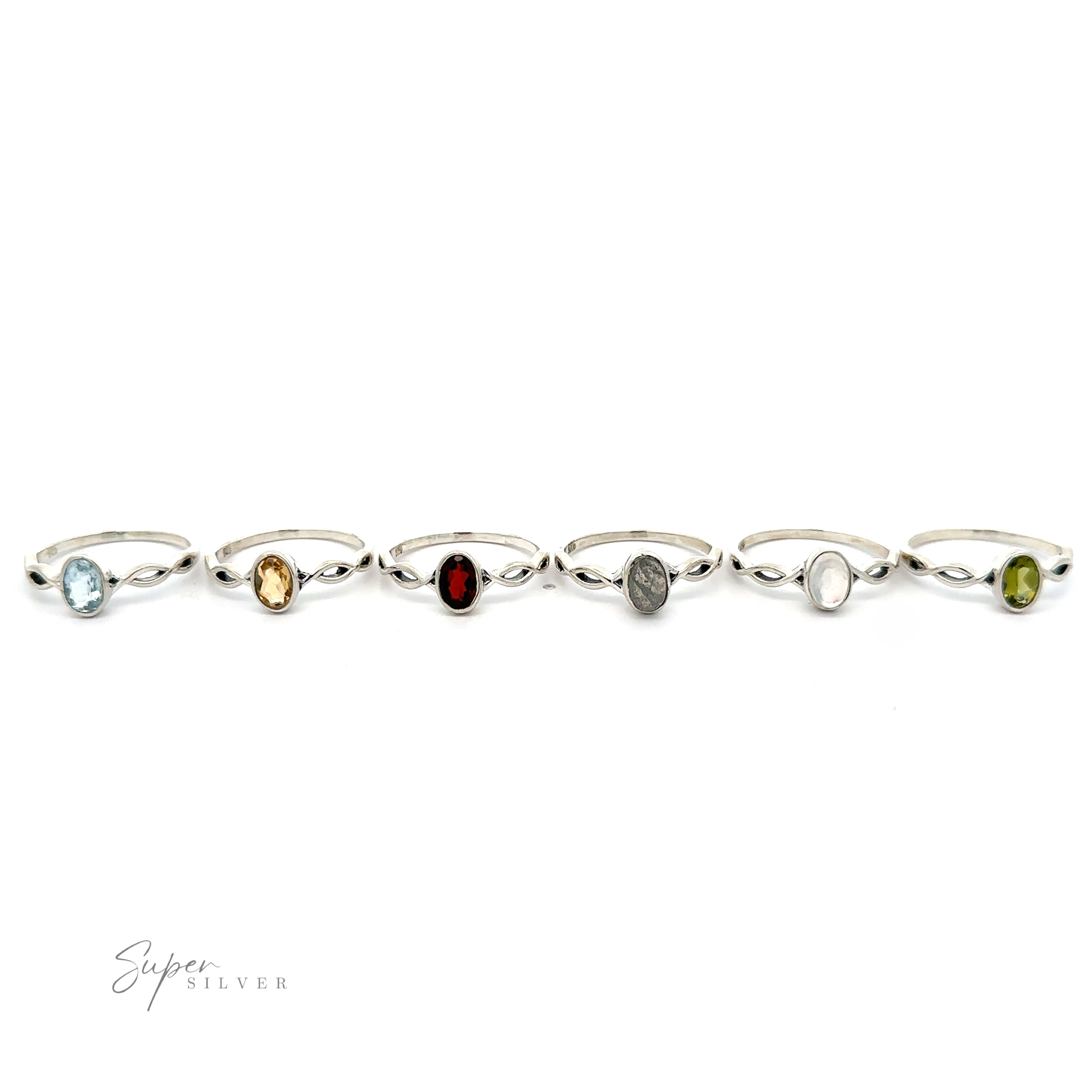 A line of seven Dainty Oval Gemstone Rings with Twisted Bands, featuring sparkling oval gemstones, isolated on a white background.