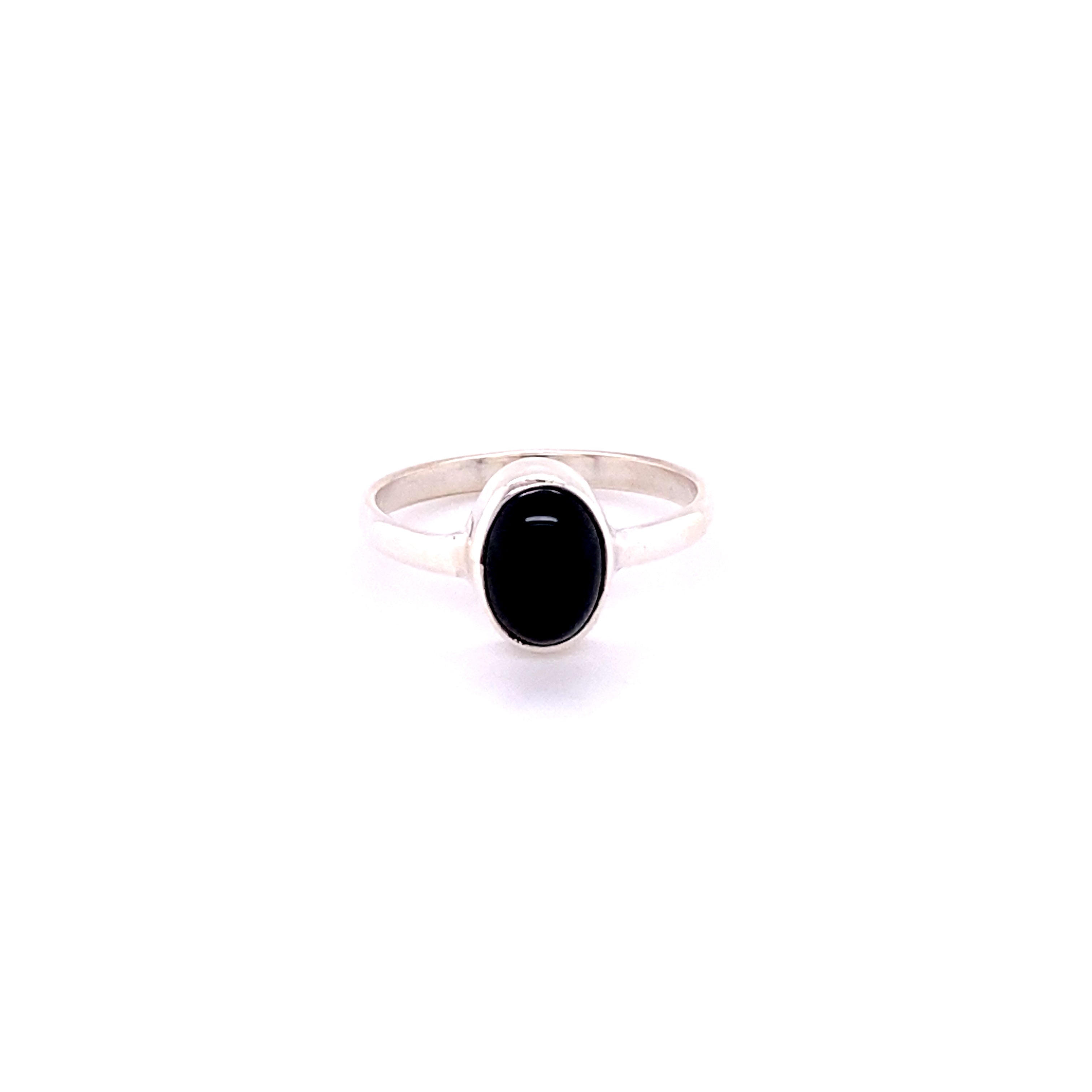 A Simple Oval Natural Gemstone Ring with an oval-shaped black stone set in the center, displayed against a white background.