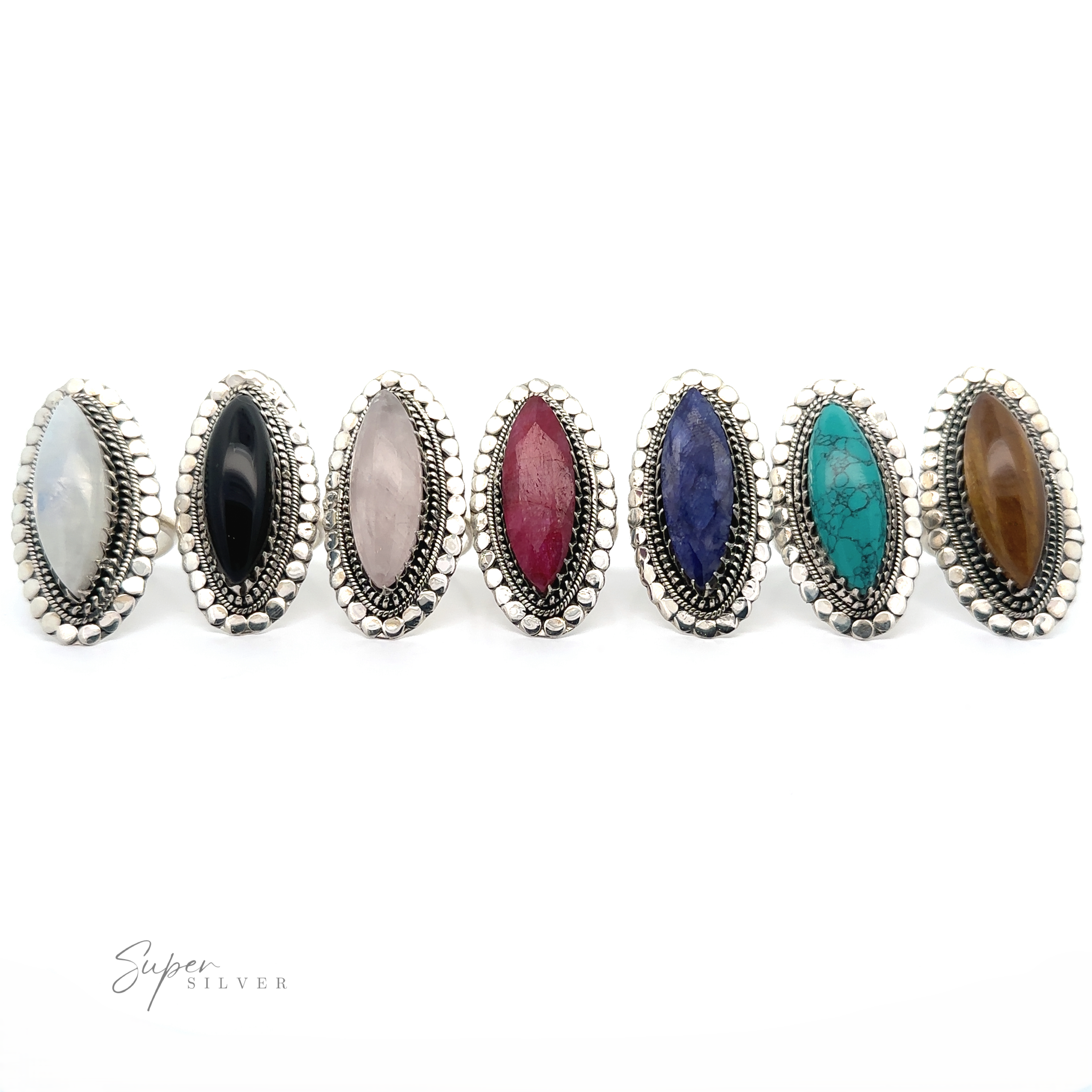 Seven oval rings with different colored stones set in silver on a white background. One standout is a Statement Marquise Shaped Gemstone Ring, adding a touch of bohemian jewelry charm to the collection. Text at the bottom reads "Super Silver.
