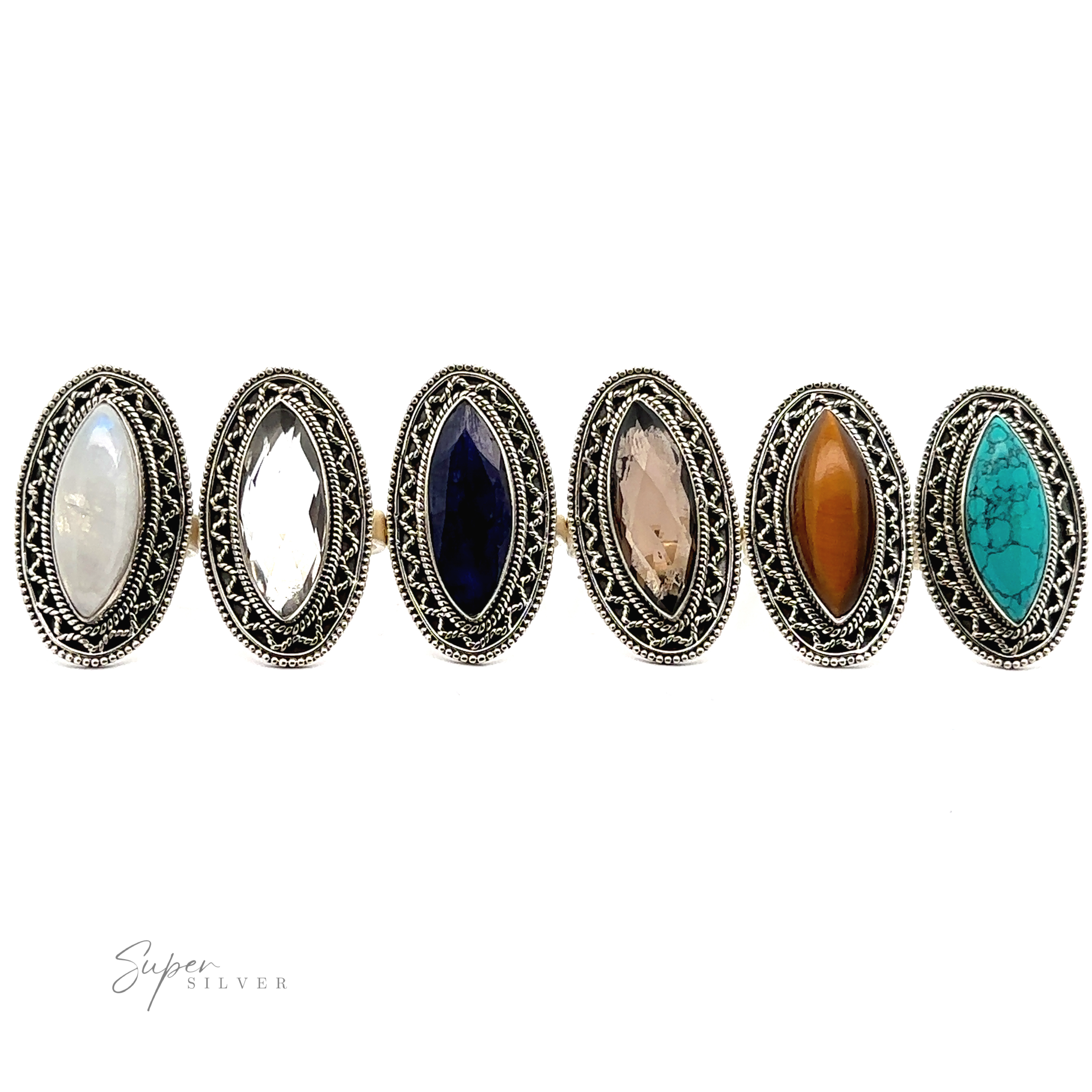 Six Marquise Shaped Gemstone Rings With Vintage Shield Borders, each featuring different gemstones: white, clear, dark blue, pale pink brown, and turquoise. A Bohemian twist adds a unique flair to these intricate designs.