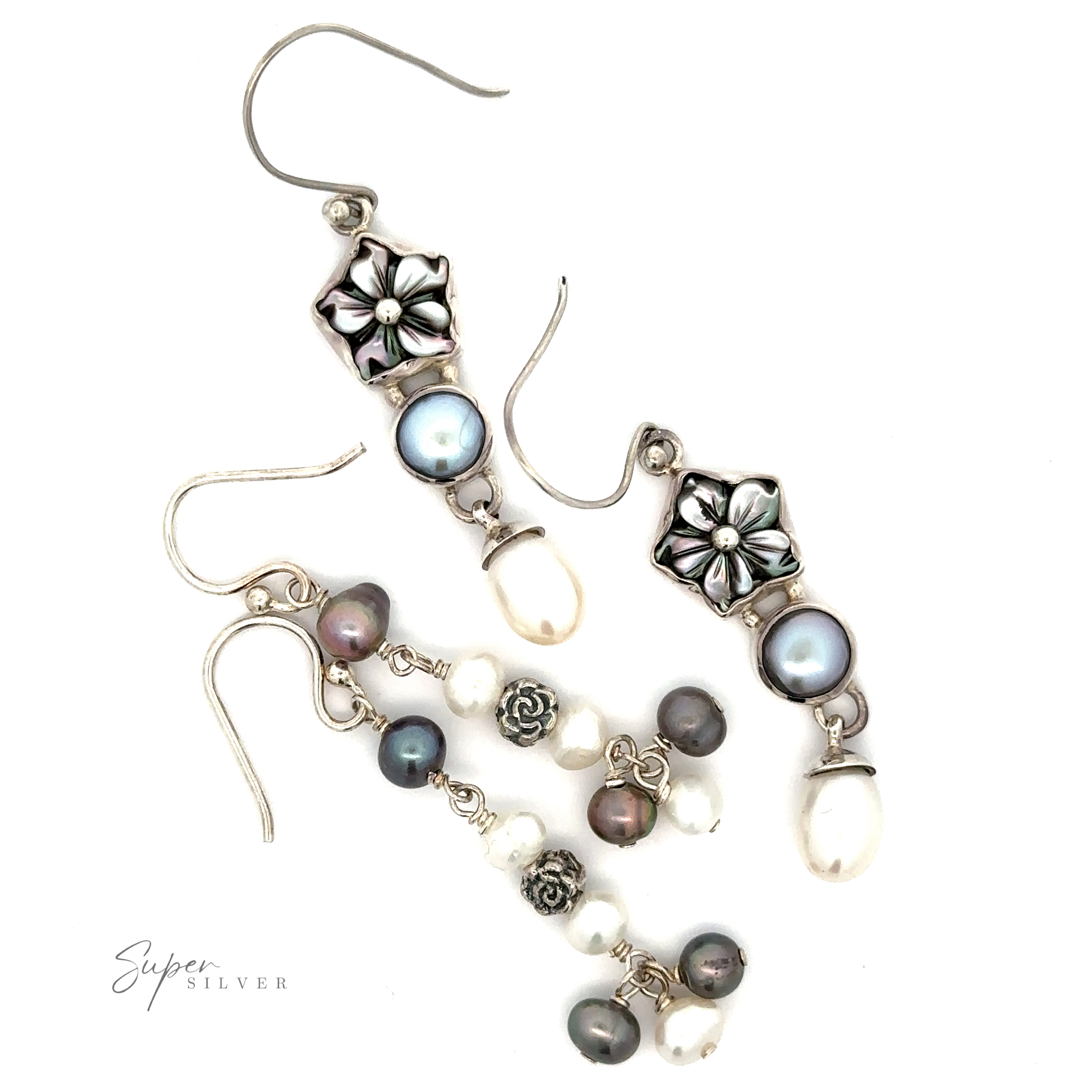 Two sets of Floral Pearl Bead Earrings featuring floral designs and various beads, including pearls and metallic elements, displayed on a white background.