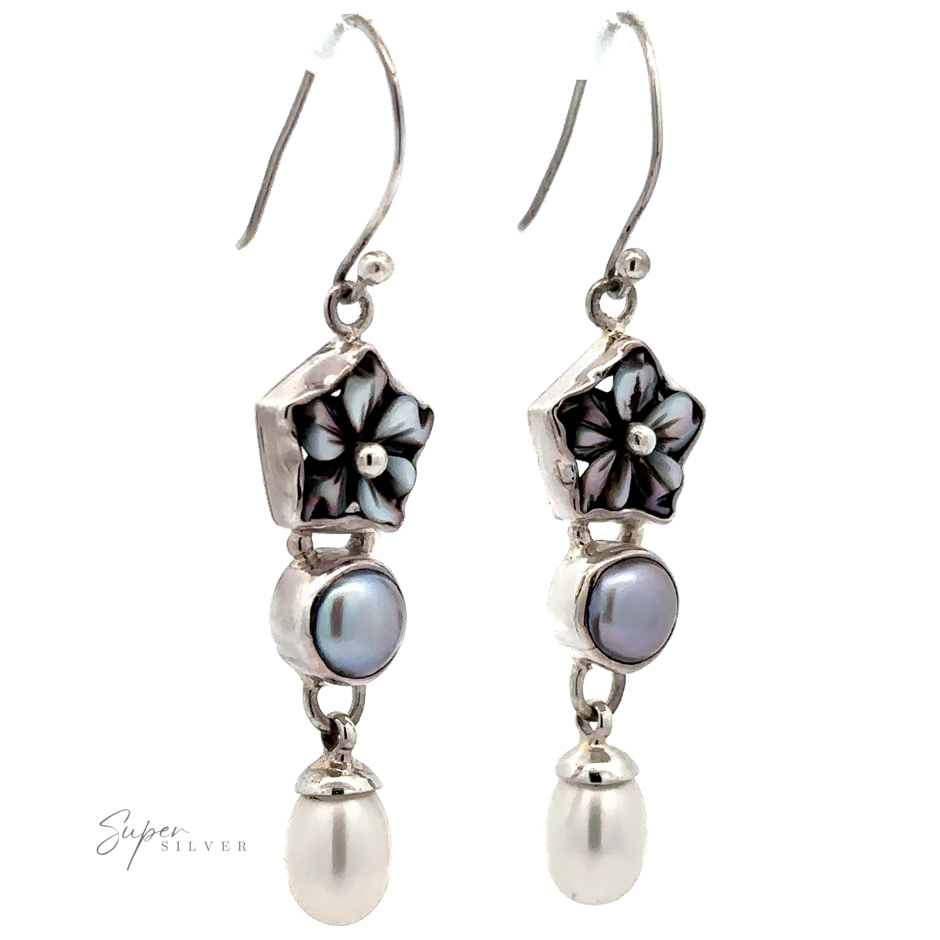 Floral Pearl Bead Earrings with dangling pearls and small round gemstones, both featuring black and white flower details at the top.
