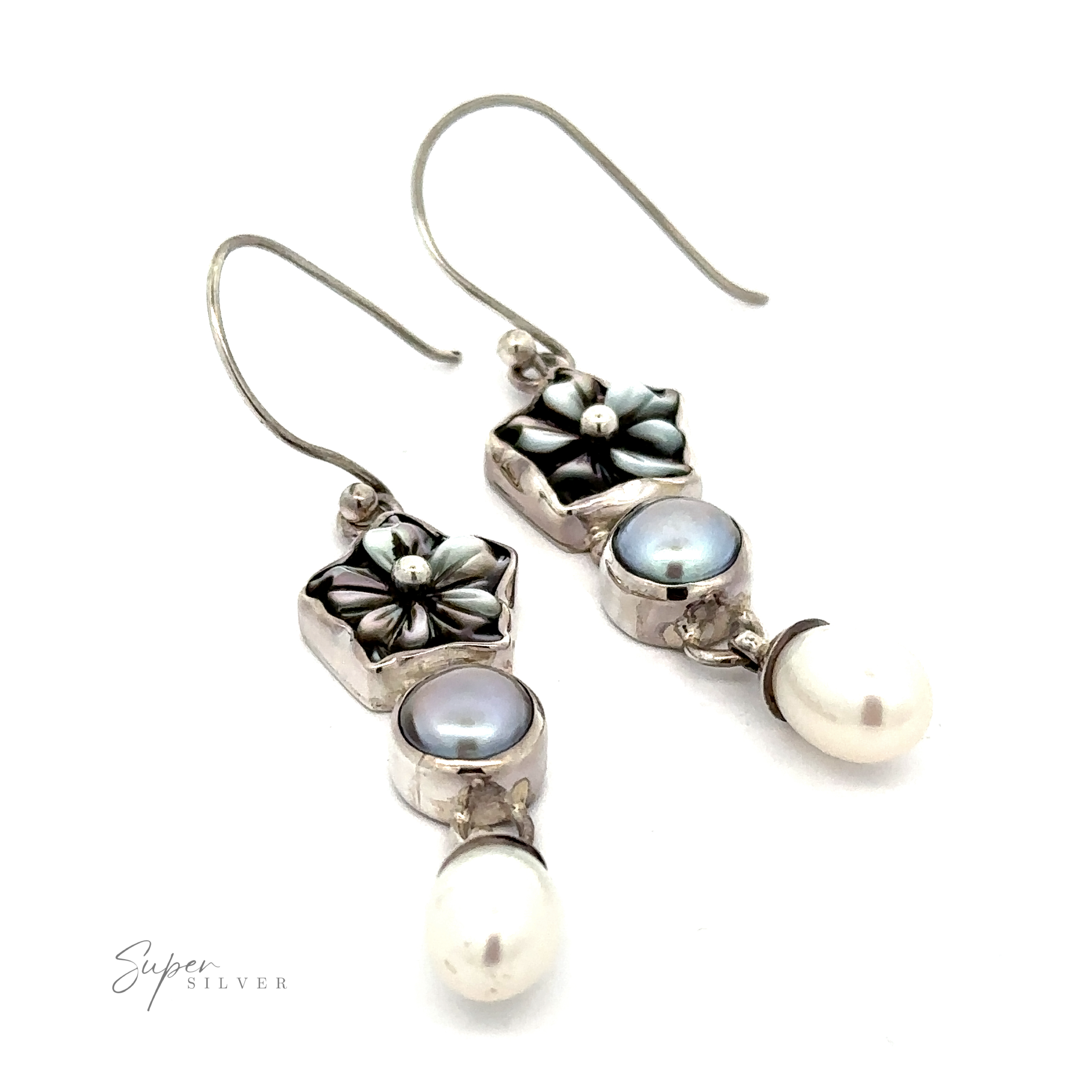 Pair of sterling silver drop earrings featuring floral designs, blue mother-of-pearl accents, and white pearls at the bottom. The image includes the brand name "Super Silver." These elegant Floral Pearl Bead Earrings add a touch of sophistication to any outfit.