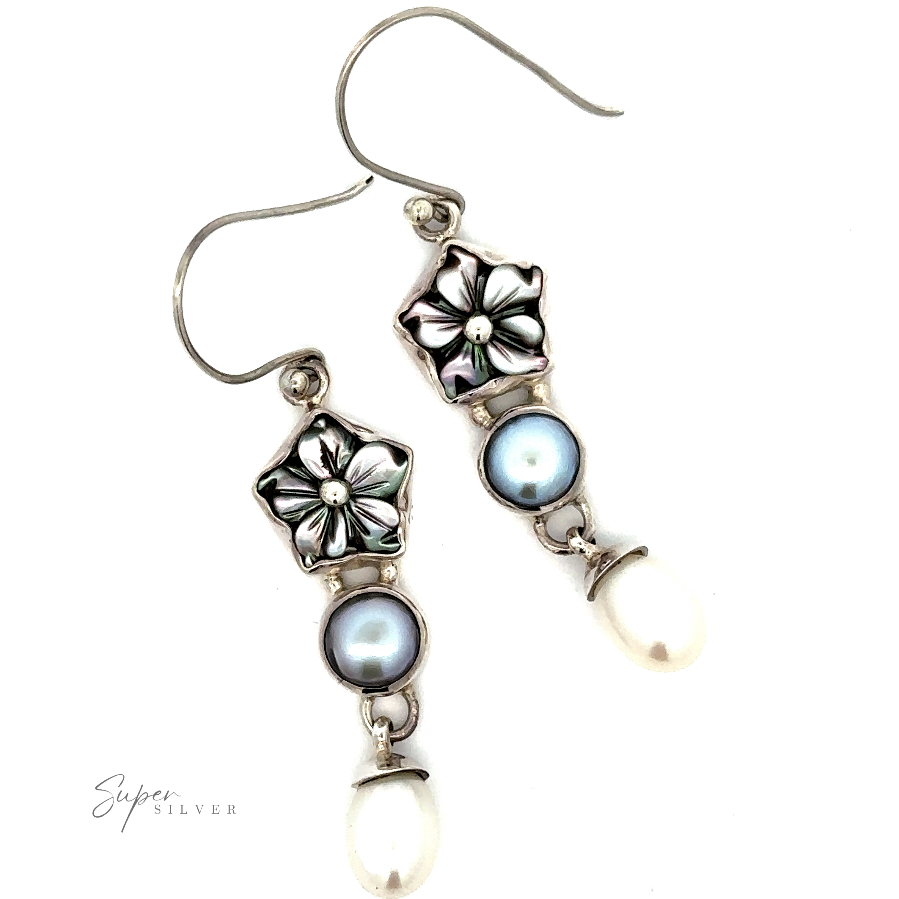 A pair of Floral Pearl Bead Earrings, each featuring a flower-shaped detail, a blue gem, and a teardrop-shaped white pearl.
