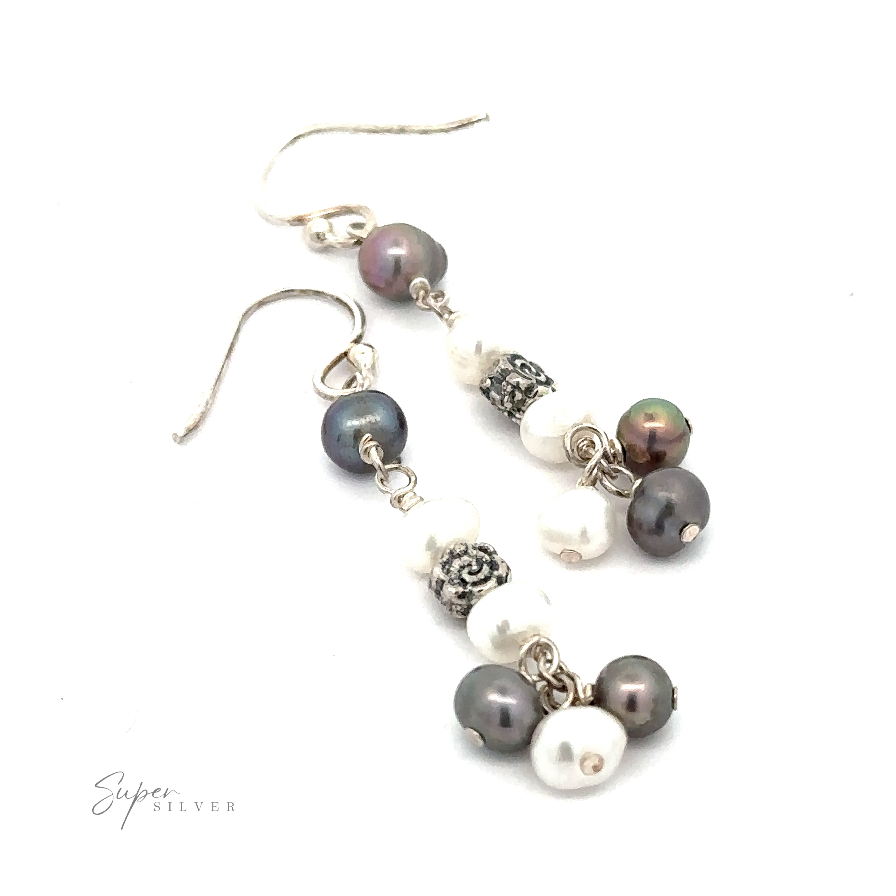 A pair of Floral Pearl Bead Earrings featuring a mix of white, black, and gray pearls, along with intricate silver bead accents.