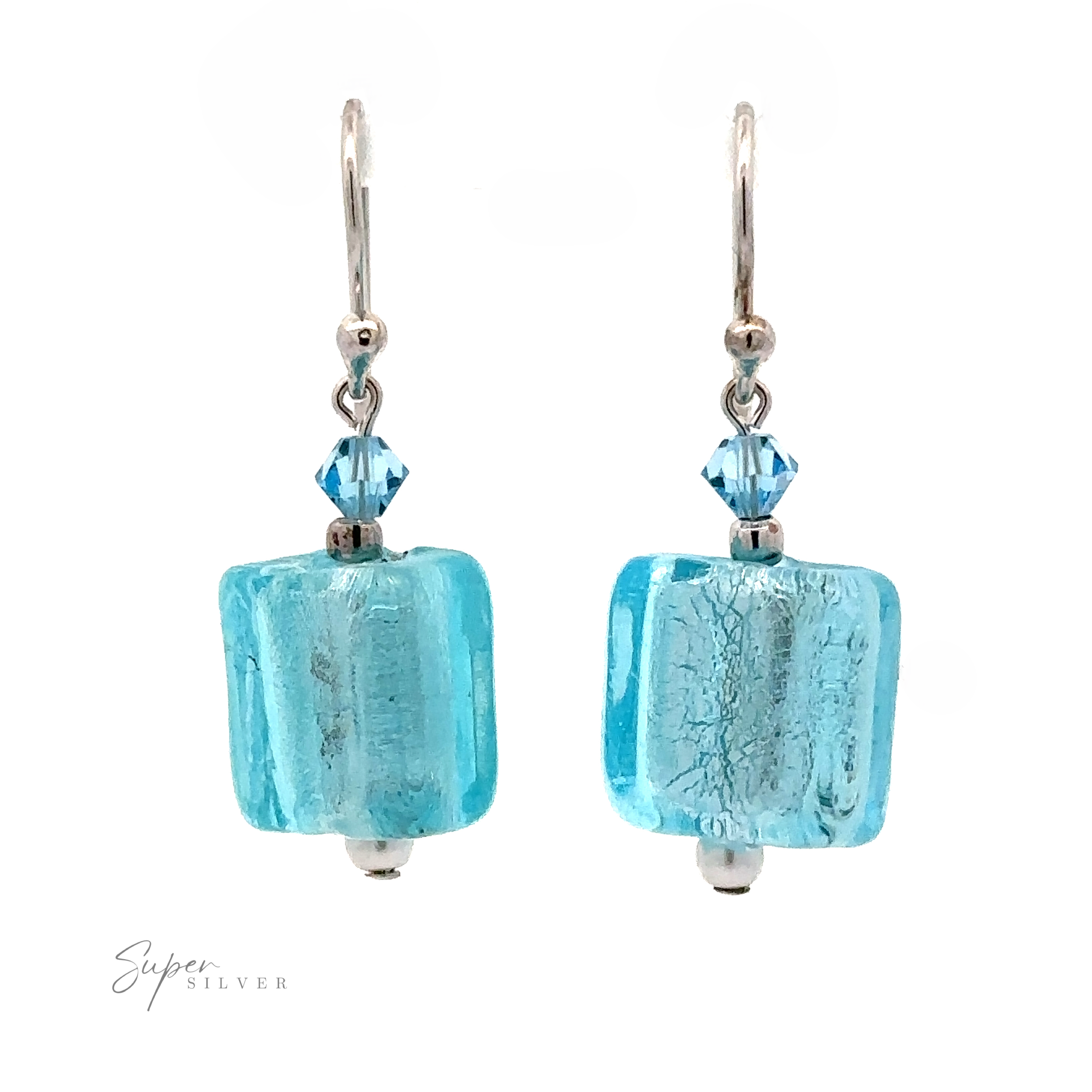 Beaded Resin Earrings with Small Pearls featuring turquoise glass beads, a small blue crystal bead above each, and a touch of classic design.