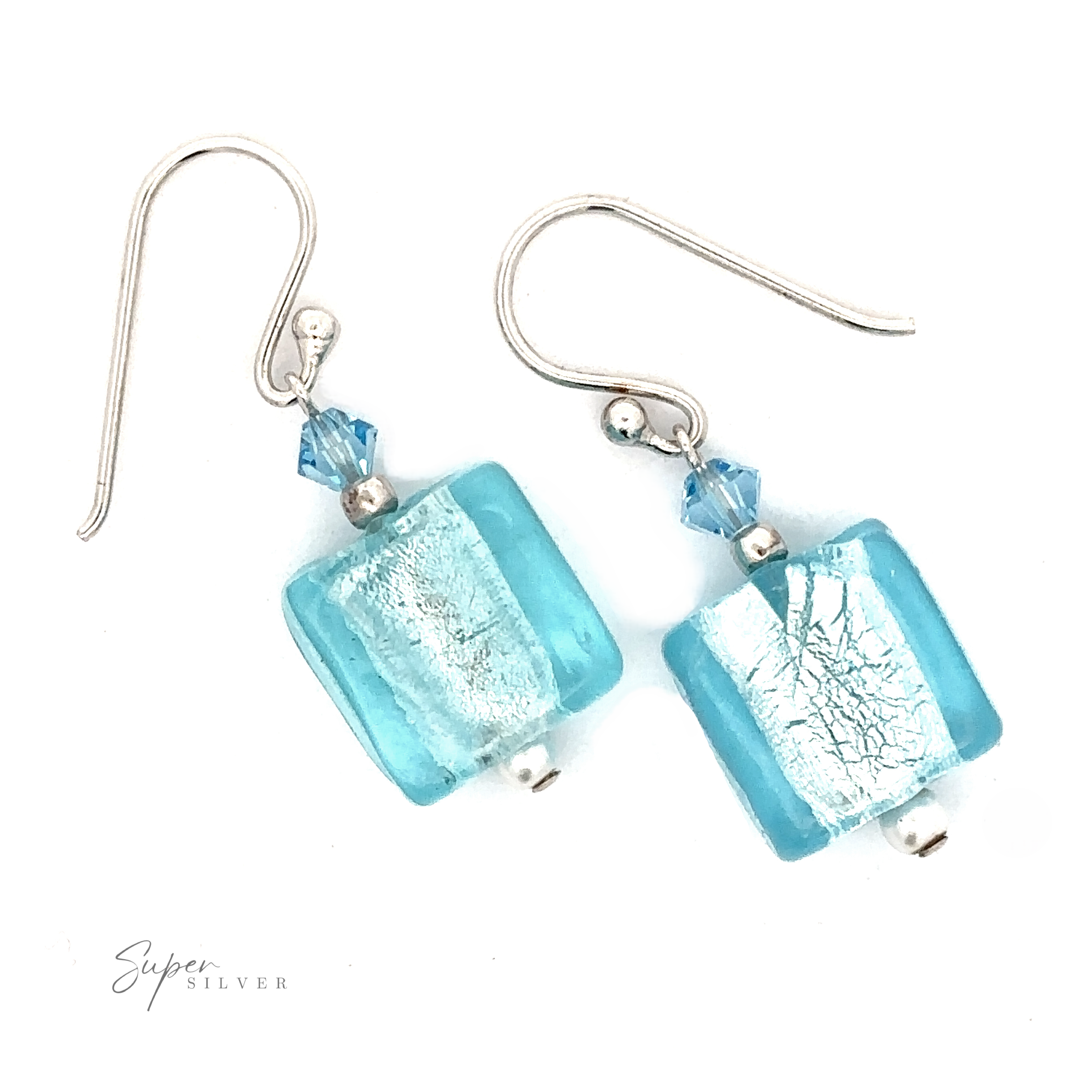 A pair of Beaded Resin Earrings with Small Pearls, featuring rectangular glass pieces, small blue crystals, and synthetic pearls, with hook clasps.