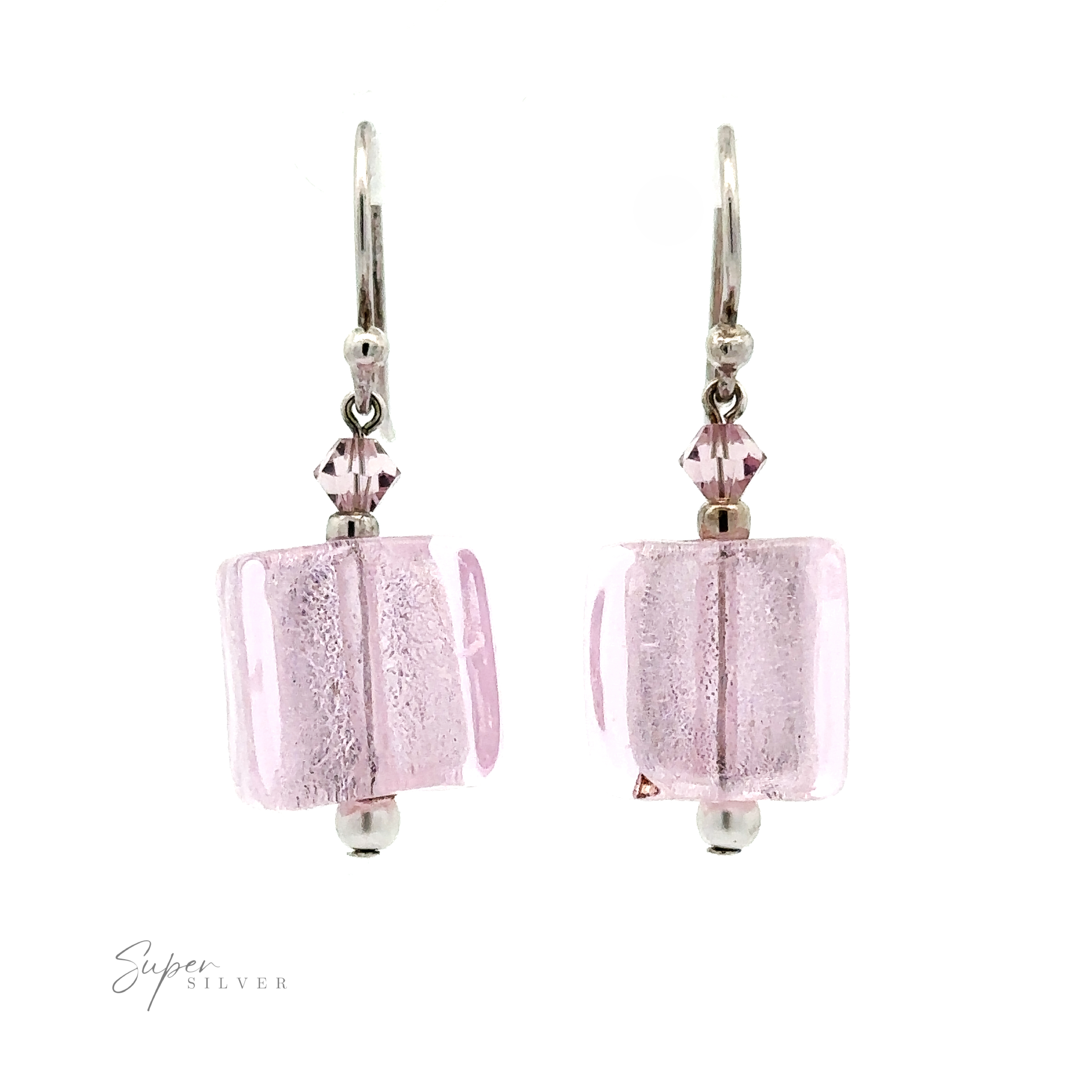 A pair of Beaded Resin Earrings with Small Pearls featuring light pink glass cube beads, small pink crystals, and sterling silver hooks for a classic design.