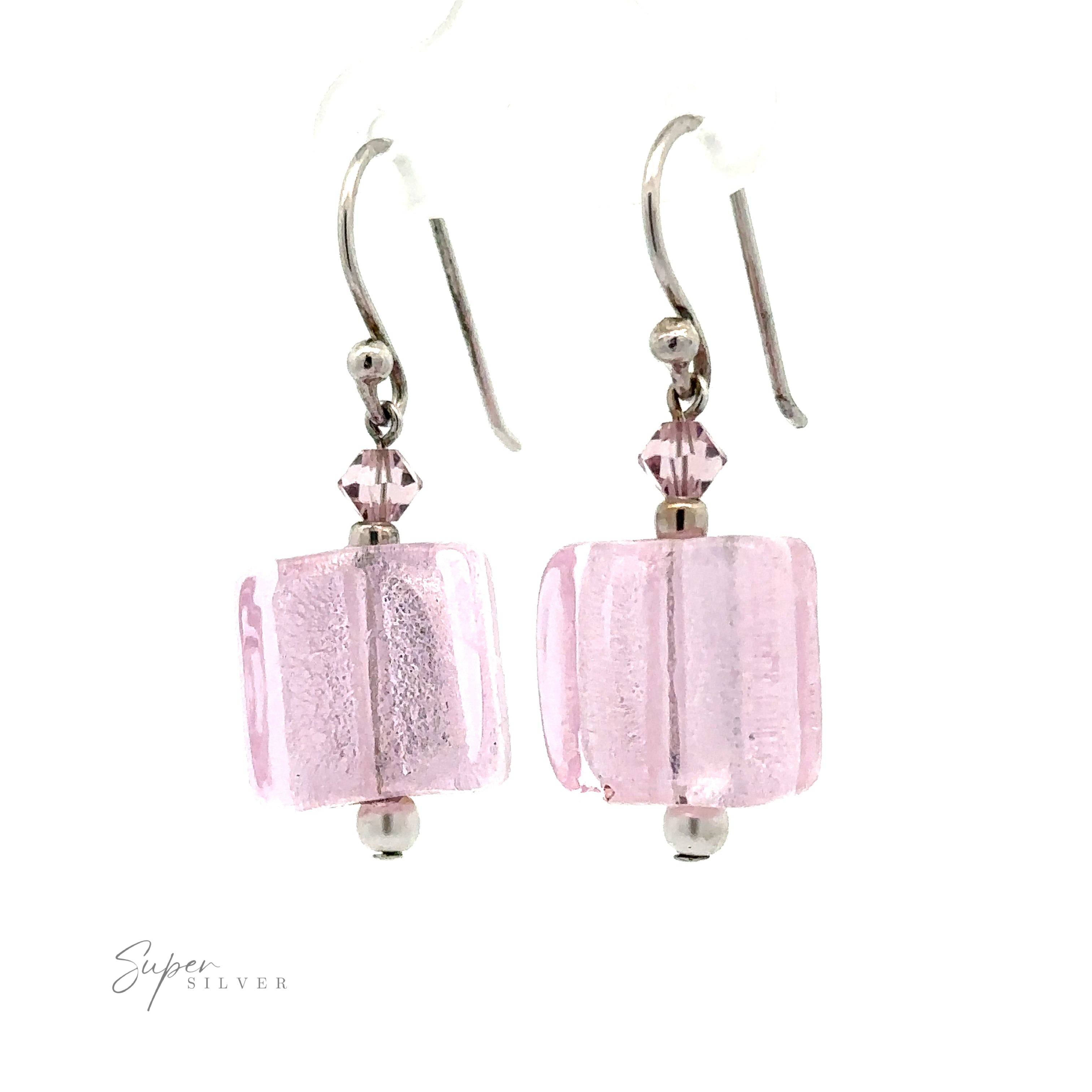A pair of Beaded Resin Earrings with Small Pearls with pink, translucent square beads and small pink crystals, showcased against a white background. Accented with synthetic pearls for a touch of elegance. Text "Super Silver" is visible in the bottom left corner.