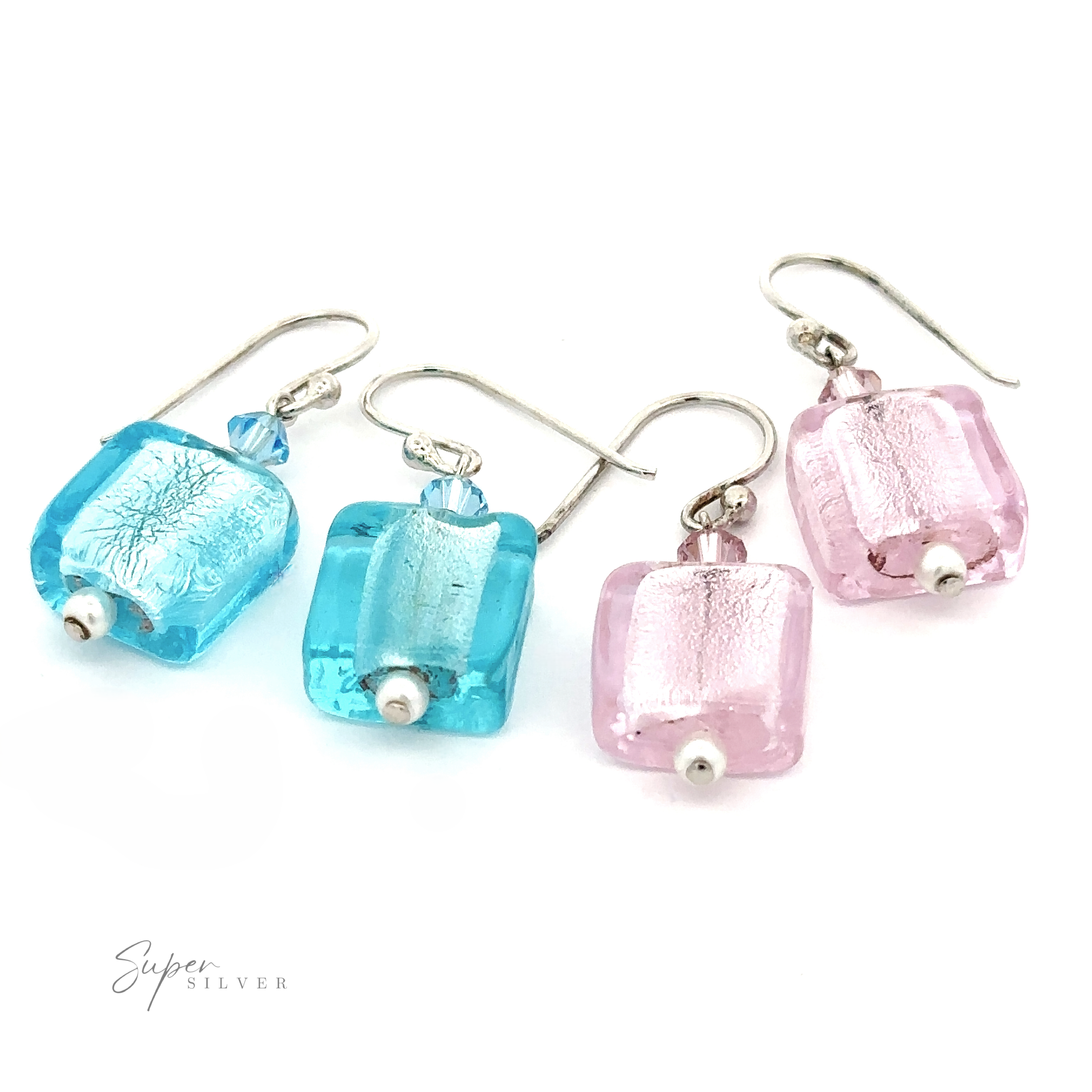 Two pairs of Beaded Resin Earrings with Small Pearls: one blue pair and one pink pair, each featuring sterling silver hooks and a small synthetic pearl bead at the bottom.