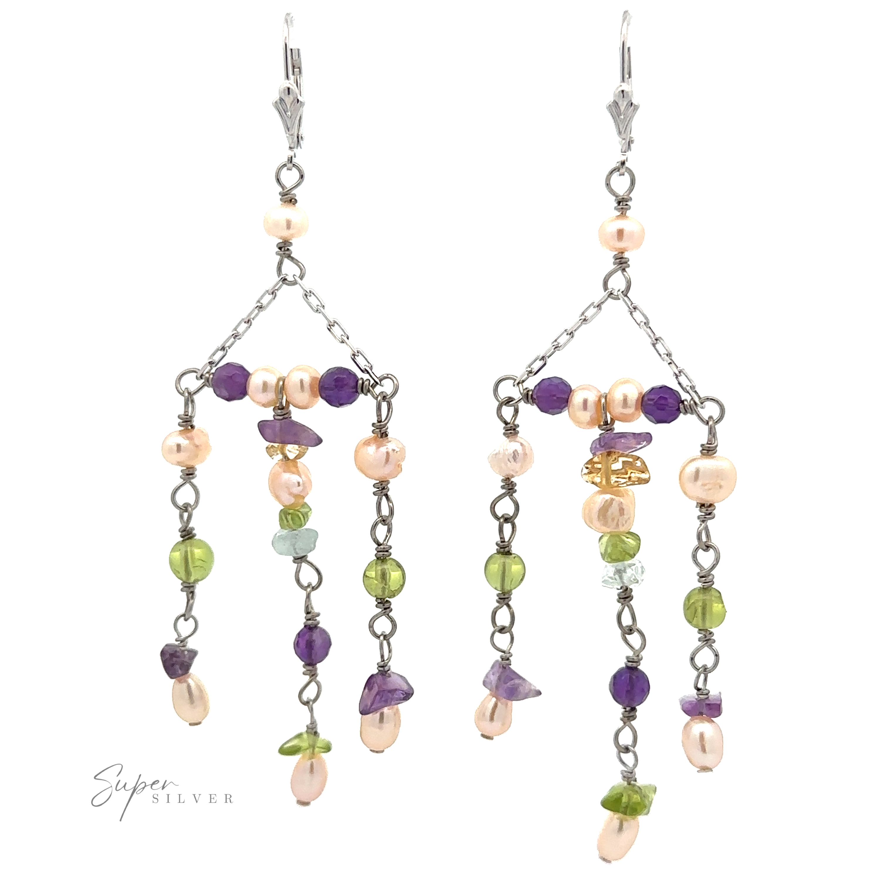 A pair of festive earrings featuring sterling silver chains adorned with multicolor beads, including shades of purple, green, and peach. Dangly Multicolor Bead Earrings